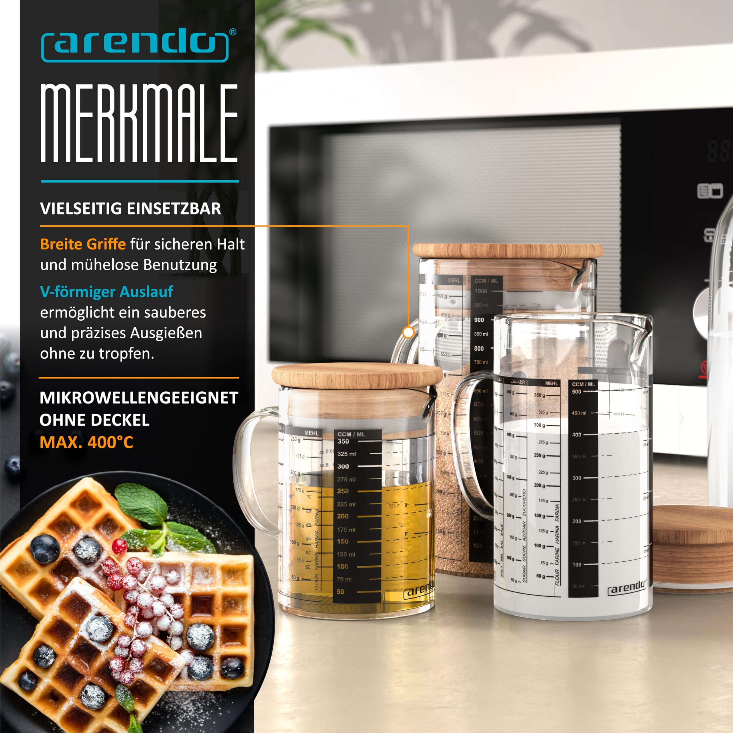 Arendo - Zestaw szklanych pojemników ze szkła borokrzemowego – 350 ml, 500 ml, 1000 ml (0,35 l 0,5 l 1 l) – kubek z miarką szklany dzbanek – odporny na wysokie temperatury – szklany pojemnik z
