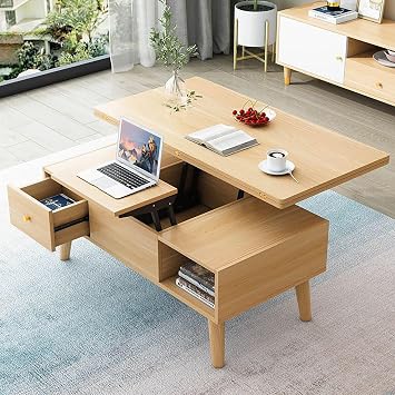 Modern Lift Top Coffee Table with Hidden Storage and Dining Function Wood Finish Multi Function Center Table for Living Room and Reception Area,