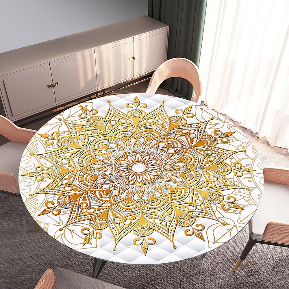 Morbuy Rondes Nappes Avec Bord Élastique, 3D Mandala Imprimé Nappes Rondes Anti Taches Lavable, Imperméable Polyester Nappe De Table Pour Cuisine Jardin Fête Table (Rouge-Orange,120cm