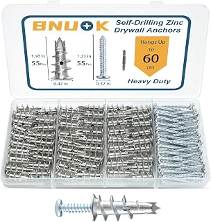 BNUOK Metal Self-Drilling Drywall Anchors Kit, 110pcs Hollow Zinc Sheetrock Anchors & Screws, 60lb Heavy Duty Hanging