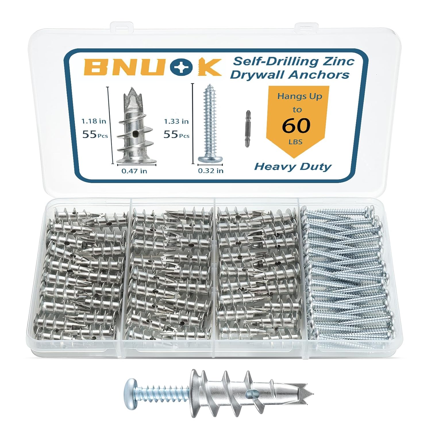 BNUOK Metal Self-Drilling Drywall Anchors Kit, 110pcs Hollow Zinc Sheetrock Anchors & Screws, 60lb Heavy Duty Hanging