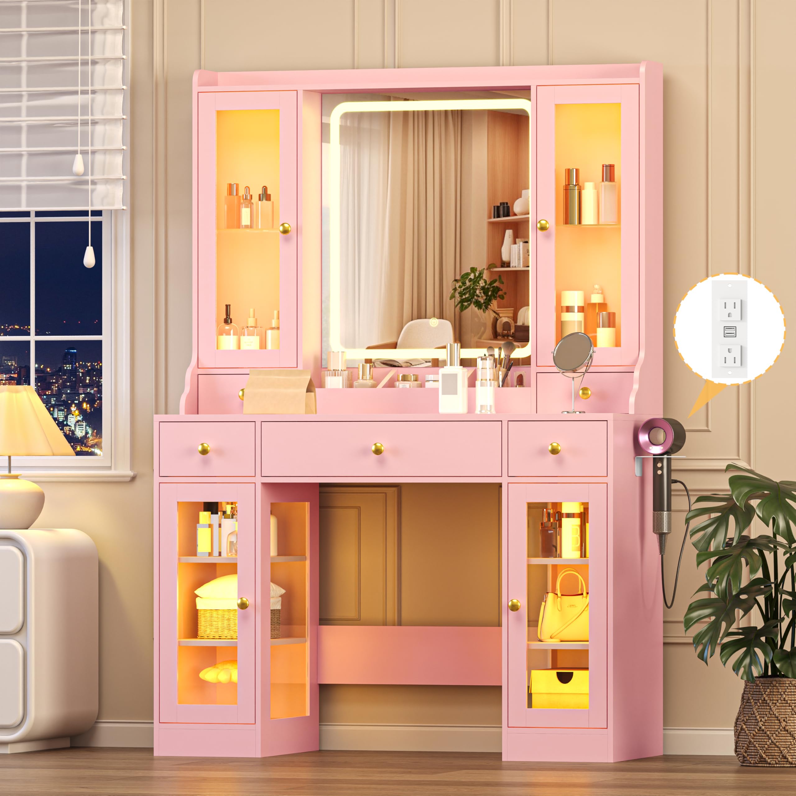 Wodeer Makeup Vanity Desk with Mirror and Lights, 41" Pink Vanity Set with 5 Drawers &amp; 4 Glass Cabinets, Power Outlet &amp; Adjustable LED Lights, Dressing Table for Women &amp; Girls Bedroom