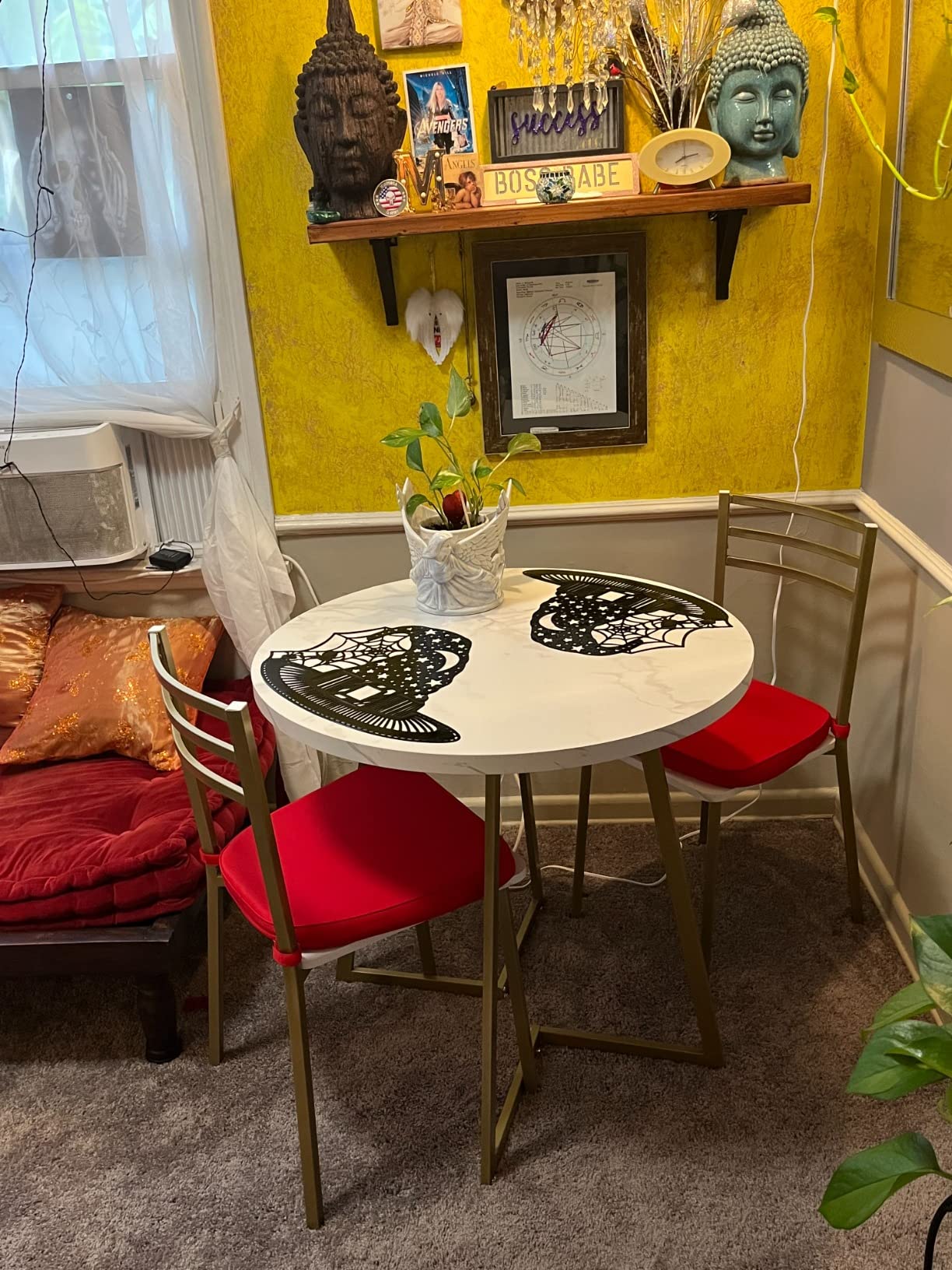 18/mo Finance VECELO Small Round Dining Table Set for 2, Wood Marbled Tabletop with Steel