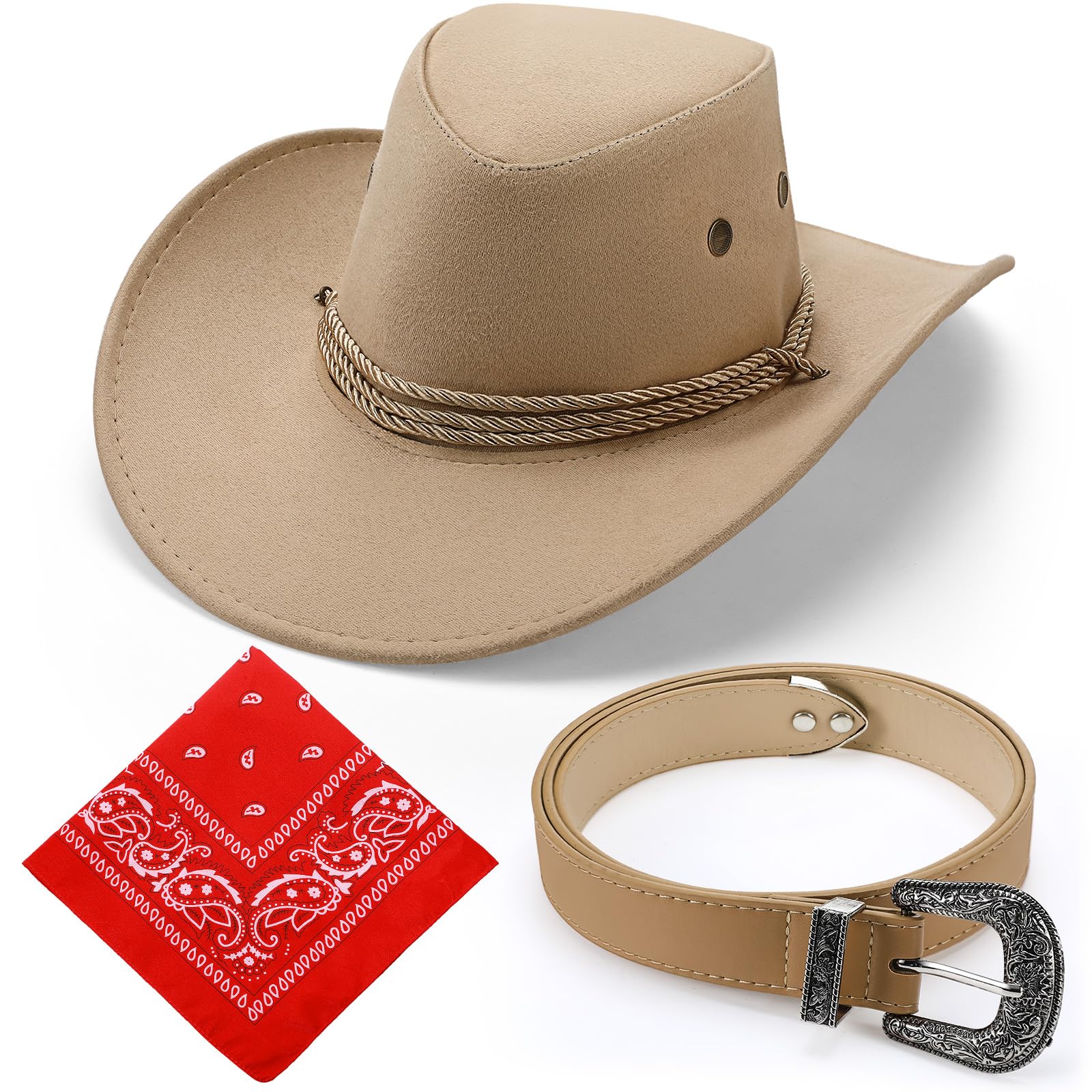 Haysandy Halloween 3 Pcs Cowboy Hat with Wide Brim Bandana Belt
