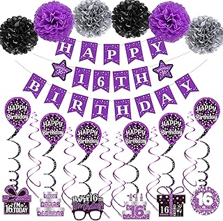 Sweet 16 Birthday Decorations Purple, Happy 16th Birthday Banner Party Decorations for Girls, Sixteen Birthday Decor Set Double-Sided Card Pompoms Hanging Swirl for 16 Years Teenagers Boys Gift 45pcs
