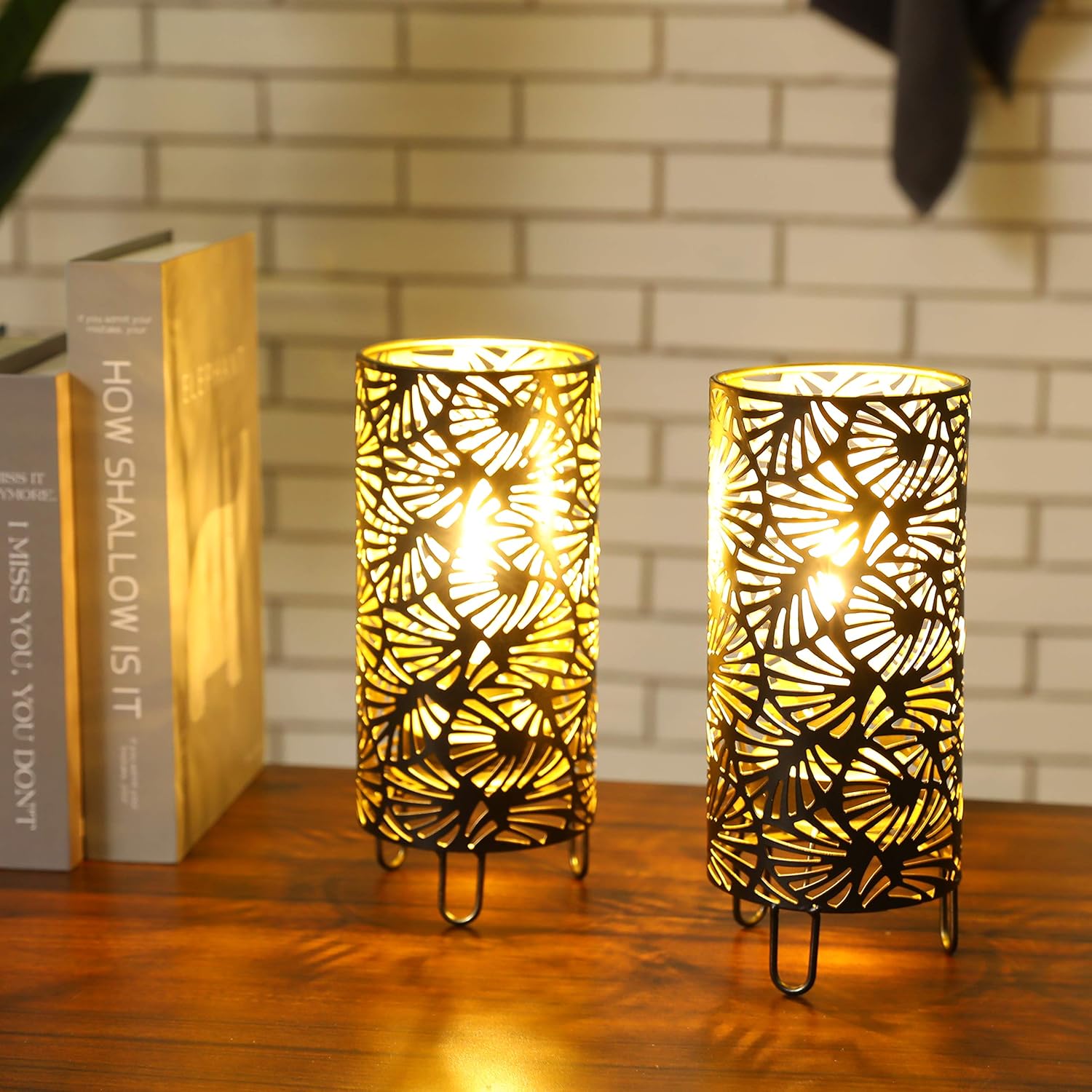 JHY DESIGN Set of 2 Metal Battery Powered 9''High Accent Cordless LED Bulb Huge Fan Patterned Battery Lamp for Weddings Parties Patio Garden Indoors Outdoors Table Bed Room