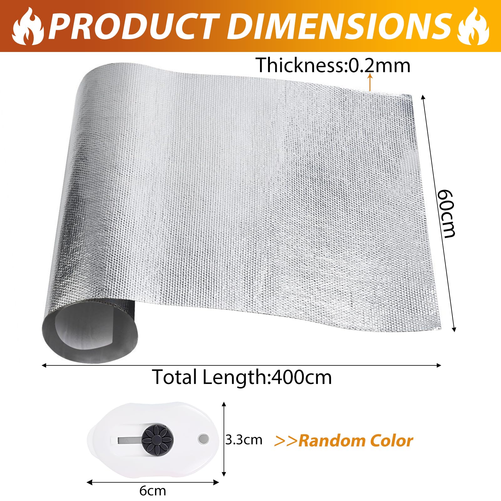 Aluminisierte Hitzeschutzmatte, 60 x 400 cm Hitzeschutzfolie Selbstklebend, Dicke 0.2 mm Hitzeschutzfolie, Temperaturbeständigkeit 300℃, Geeignet für Schläuche, Automatisierungsanwendungen