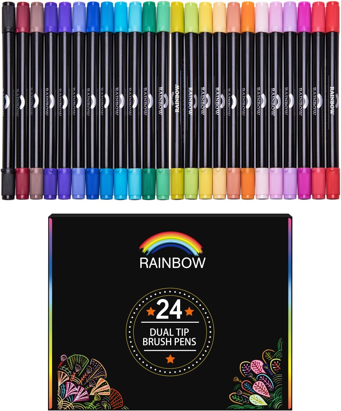 Rainbow Premium Dual Tip Pens - 24 Unique Watercolors - Gift Box - Fineliner & Brush Tips - Water Based Ink - Non Bleed - Art Marker Set for Coloring, Journaling, Sketching, Lettering, Calligraphy