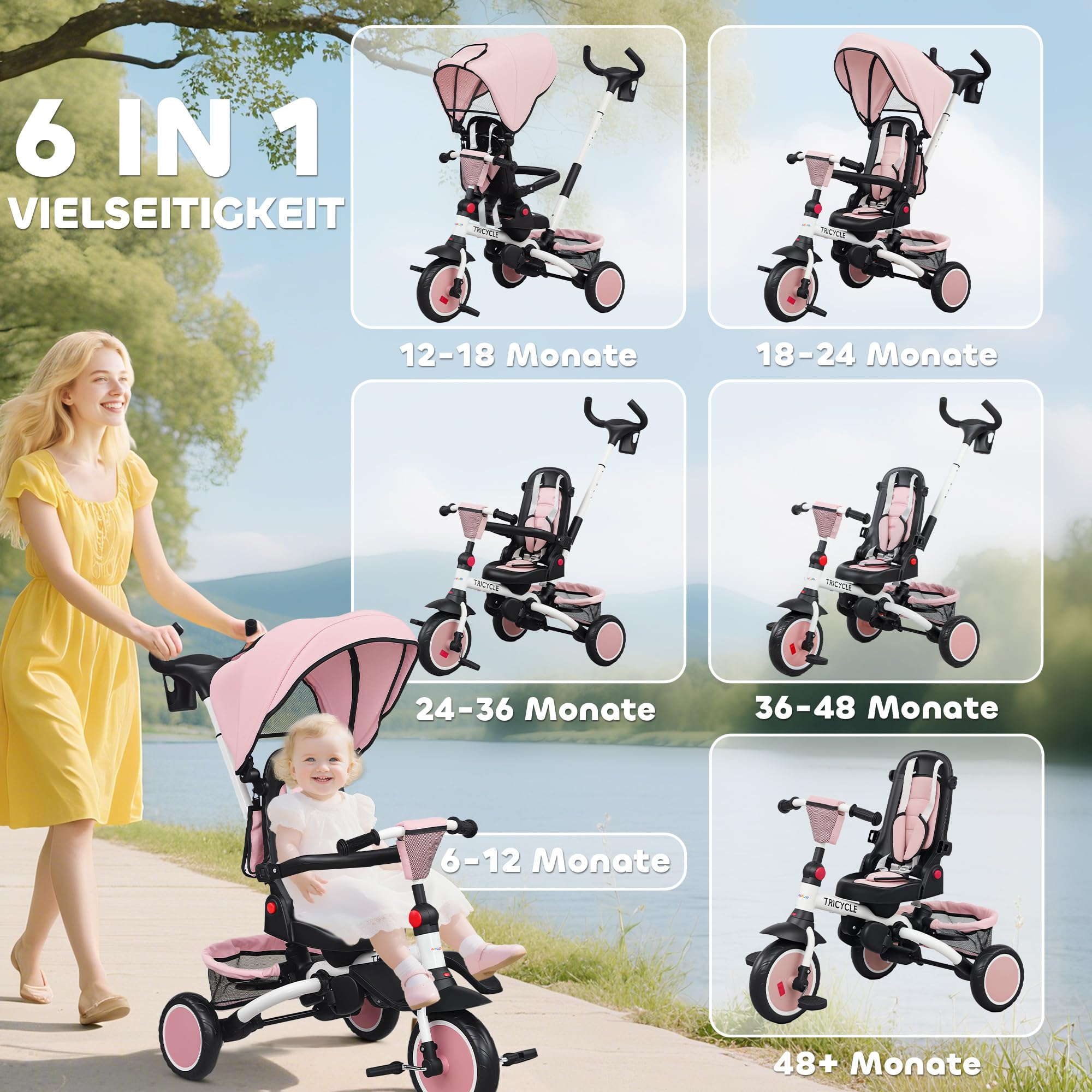 AIYAPLAY Dreirad 6in1 mit Schubstange für 1-5 Jahre Faltbar Kinderdreirad mit drehbarem Sitz, Korb, Tasche, Getränkehalter, klappbar Sonnendach, Sicherheitsgurt Rosa