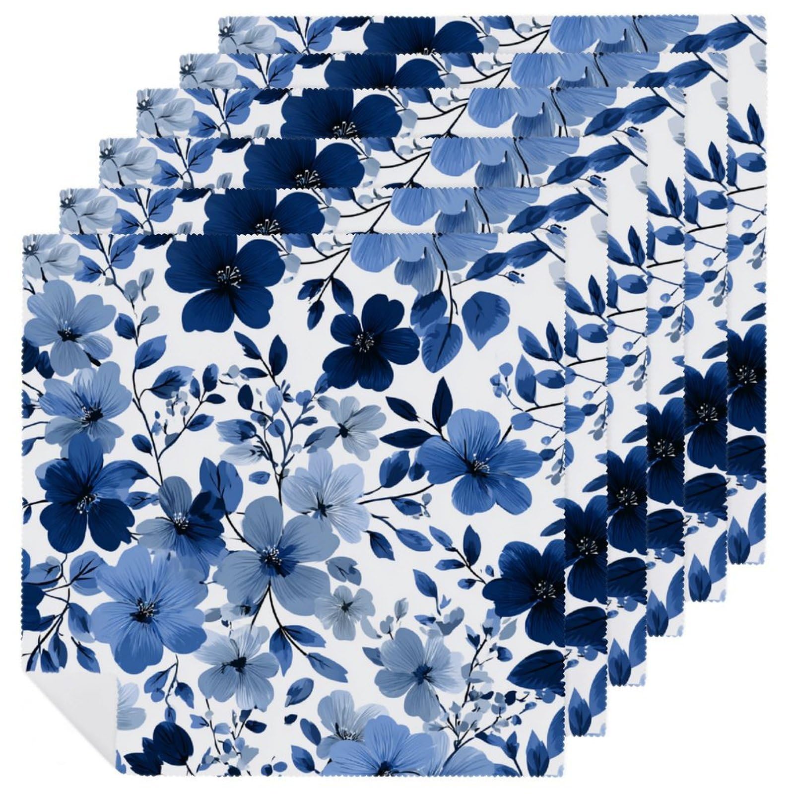 Large Stylized Blue Flower Clusters Cloth Napkins Set of 6, Square Premium Reusable Washable Polyester Table Linen Napkin for Dinner Party