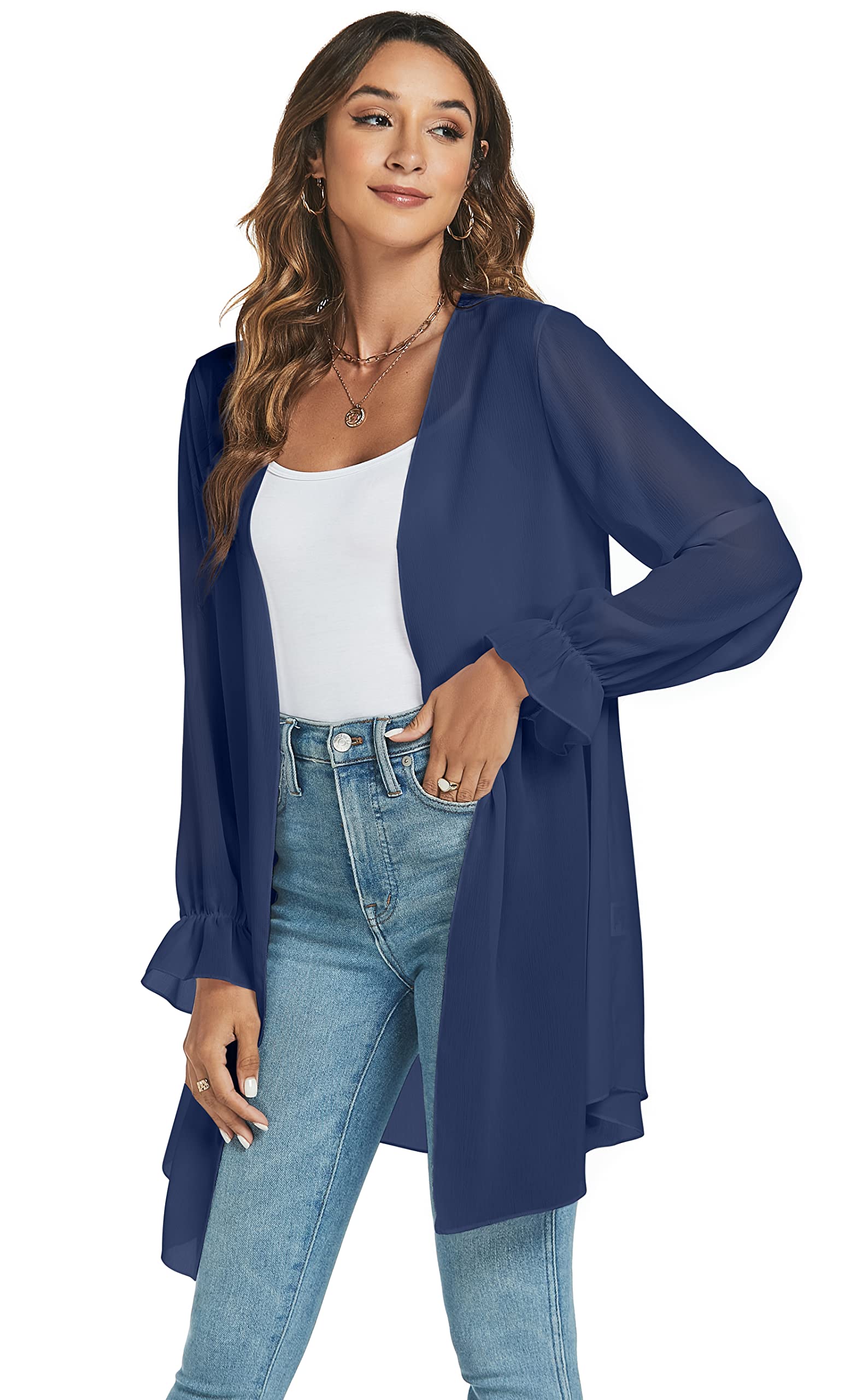 Cardigan Donna Lungo Kimono Leggero Elegante Boho Copricostume Mare Maniche Lunghe Casual Cardigan