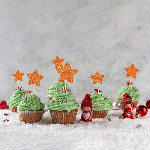 Miniatura 6 de Gyufise 42 piezas de tamaño mixto para cupcakes con purpurina naranja brillante estrella para cupcakes, boda, compromiso, despedida de soltera, baby