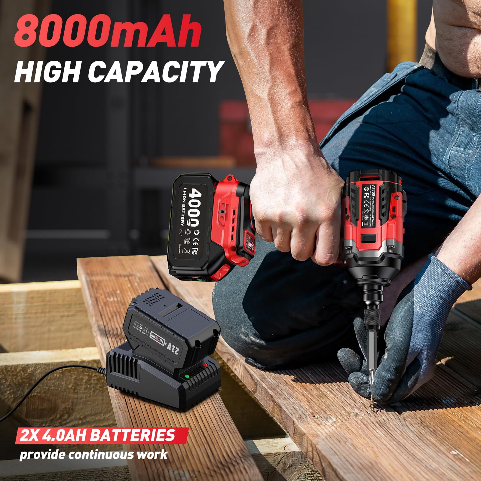 Clé à Chocs Sans Fil Brushless avec 2x 4.0 Ah Batteries, 700N.m/Ft-lbs Boulonneuse à Choc Electrique, 21V Visseuse à Chocs avec 4 Douilles à Chocs, Compatible avec Makita 18V