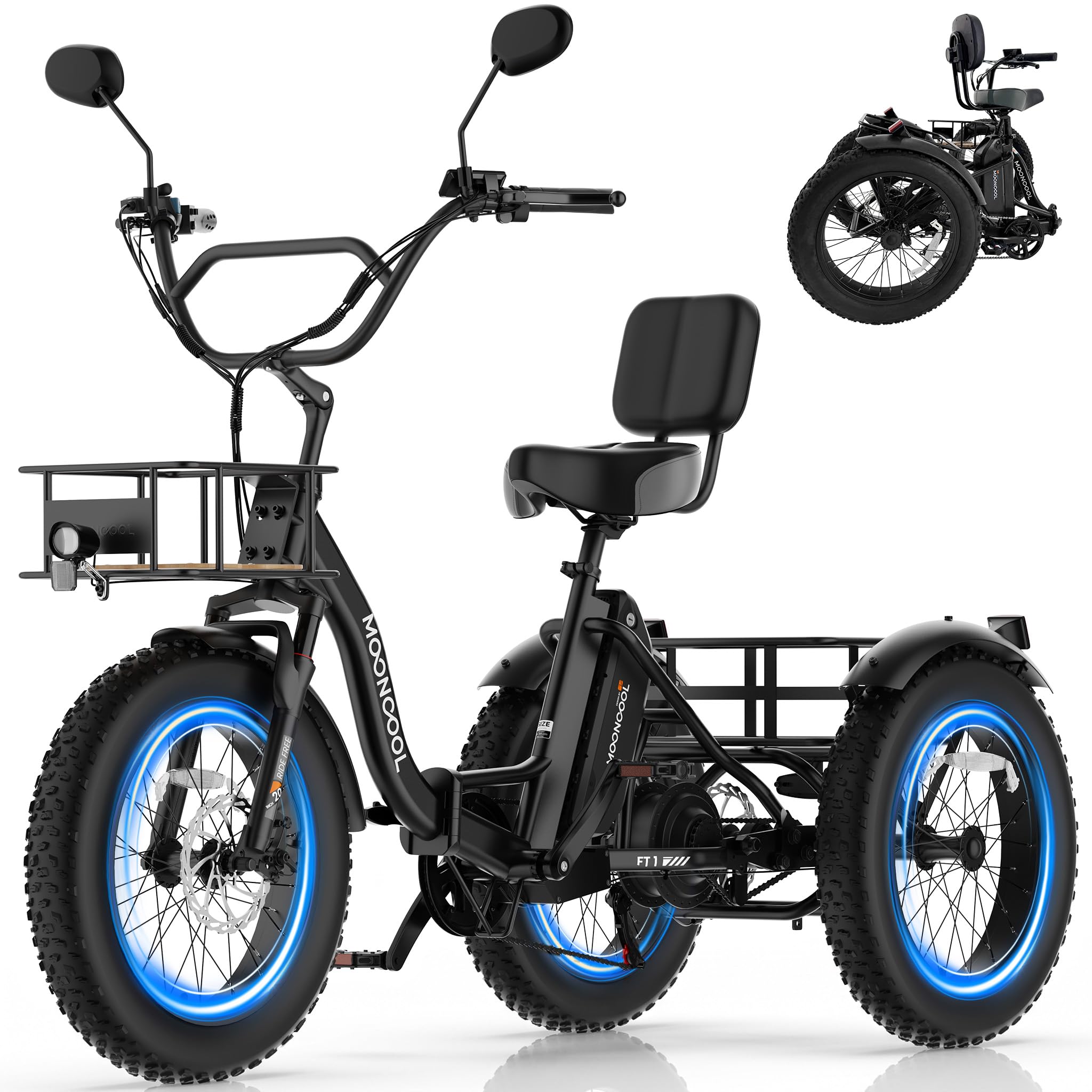 MOONCOOL Electric Trike for Adults, 20" Fat Tire 7 Speed Folding Tricycle