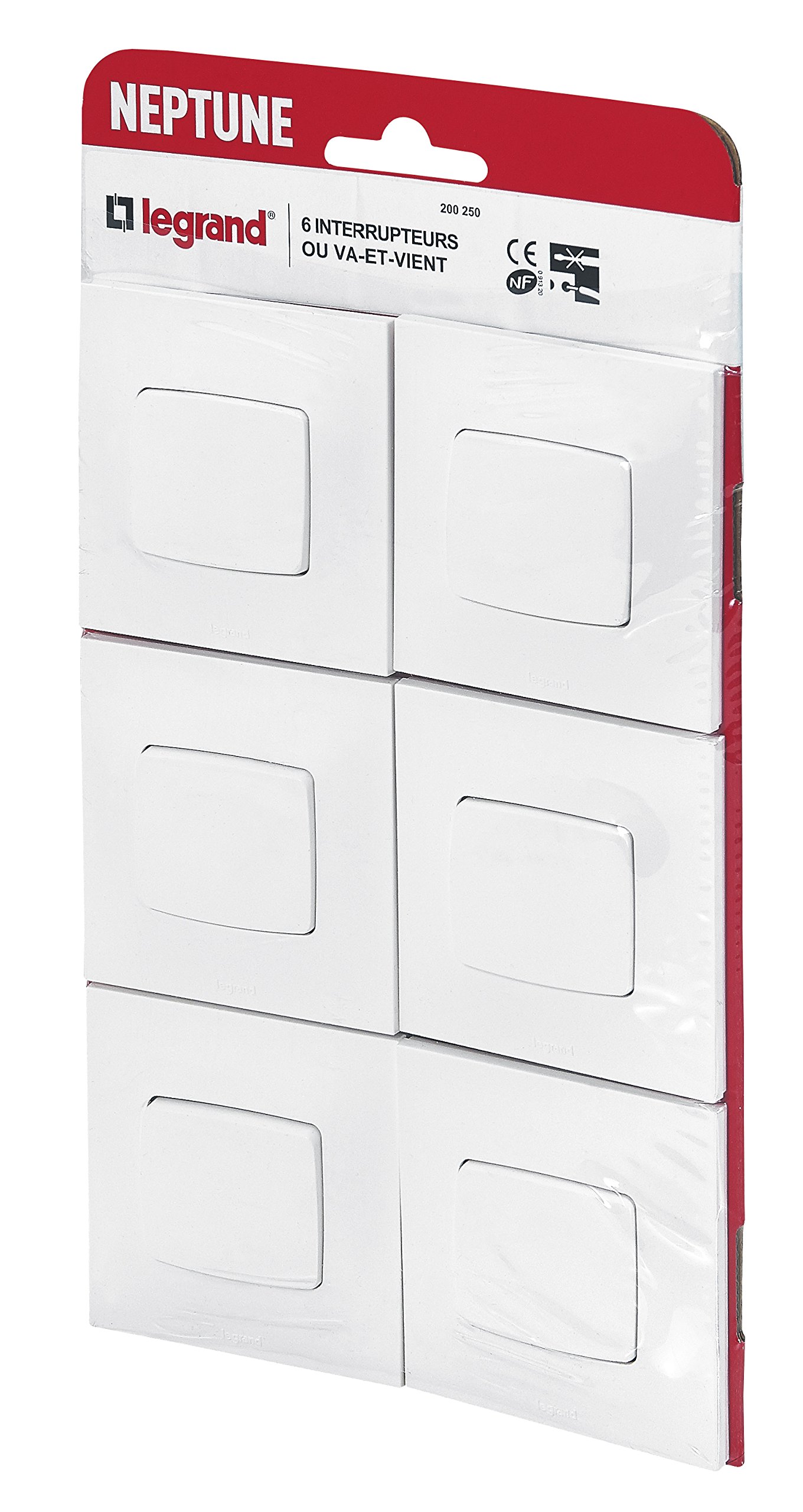 Legrand - Lot de 6 prises de courant avec terre Neptune - Blanc & - Lot de 6 interrupteurs ou va-et-vient Neptune - Blanc