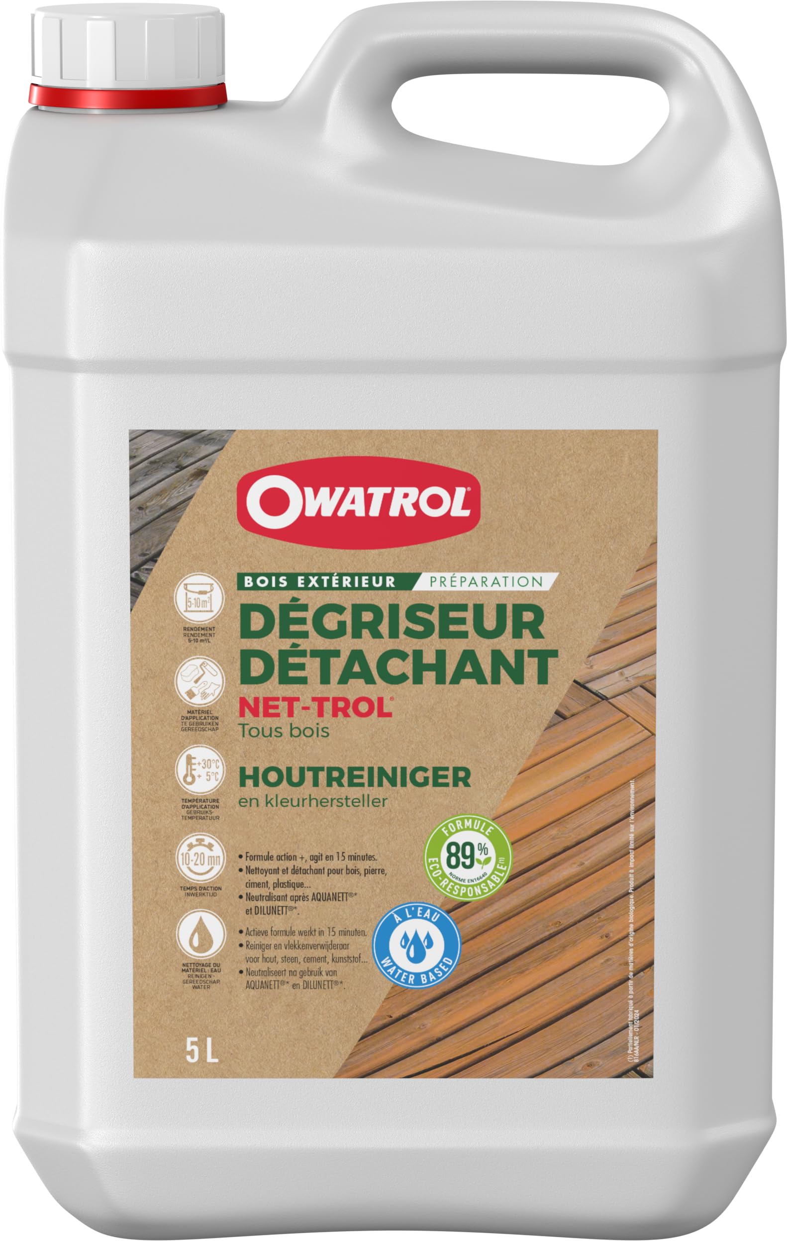 OWATROL – NET-TROL – Dégriseur et Dégraissant Tous Bois Extérieurs Terrasse Mobilier de Jardin Bois Exotique – Dégriseur Nettoyant pour Bois Gélifié – Décapant Performant Biodégradable – 5 L