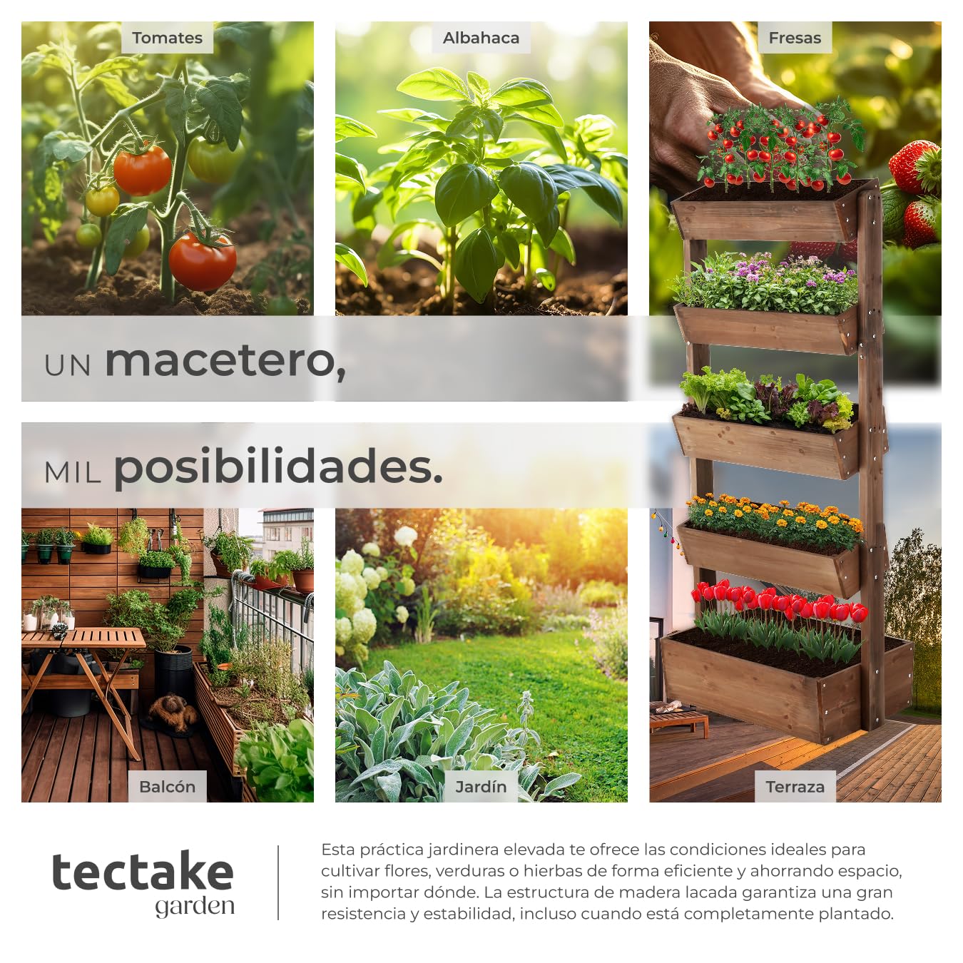 tectake® Huerto Urbano Vertical con 5 Niveles, Maceteros Grandes Exterior de Madera, Macetero Alto, Macetas Exterior Grandes, Huerto Urbano Terraza - 52 x 81 x 180 cm Marrón