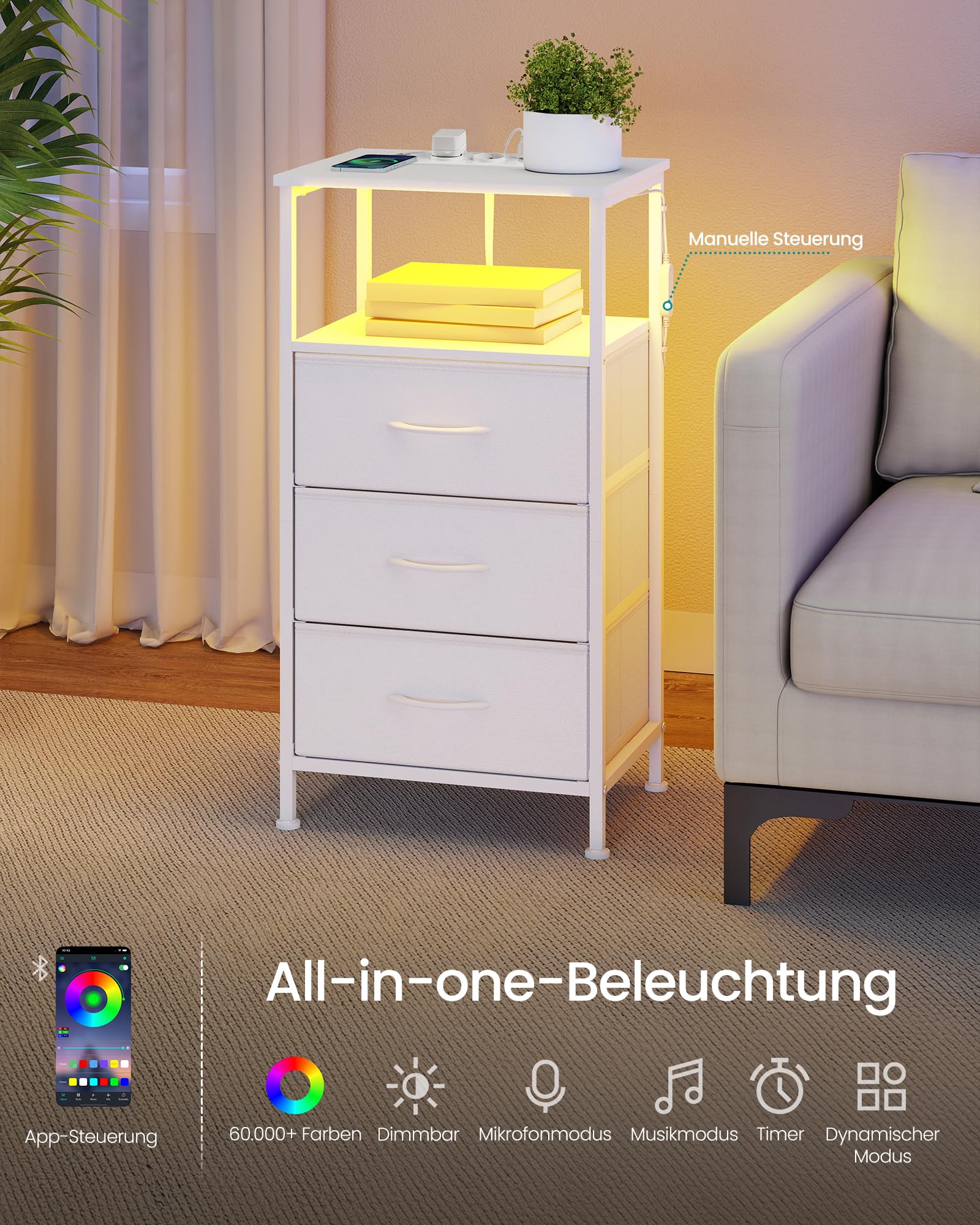 SONGMICS BELLAH Kollektion - Nachttisch mit Ladestation, Beistelltisch mit App-gesteuerter, Einstellbarer LED-Beleuchtung, 1 offenes Fach, 3 Schubladen, wolkenweiß-schneeweiß LGS303WH03