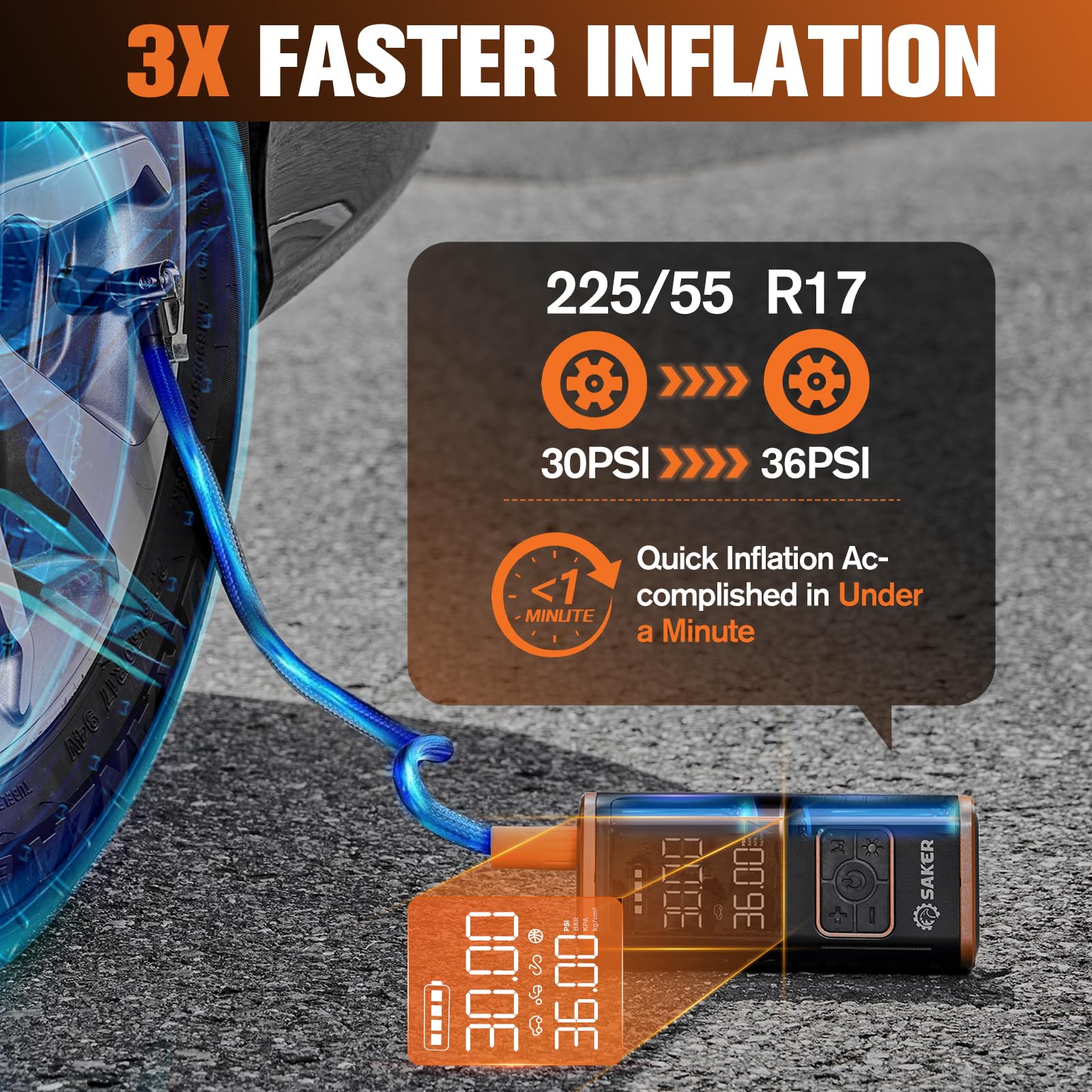 Saker Tire Inflator Portable Air Compressor - 150PSI Car Tires Air Pump with Tire Pressure Gauge Led Light — view 4