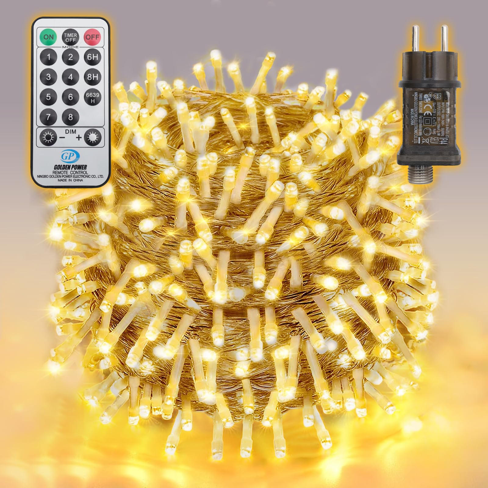 Guirlande lumineuse 300 LEDs blanc chaud avec minuterie et 8 modes