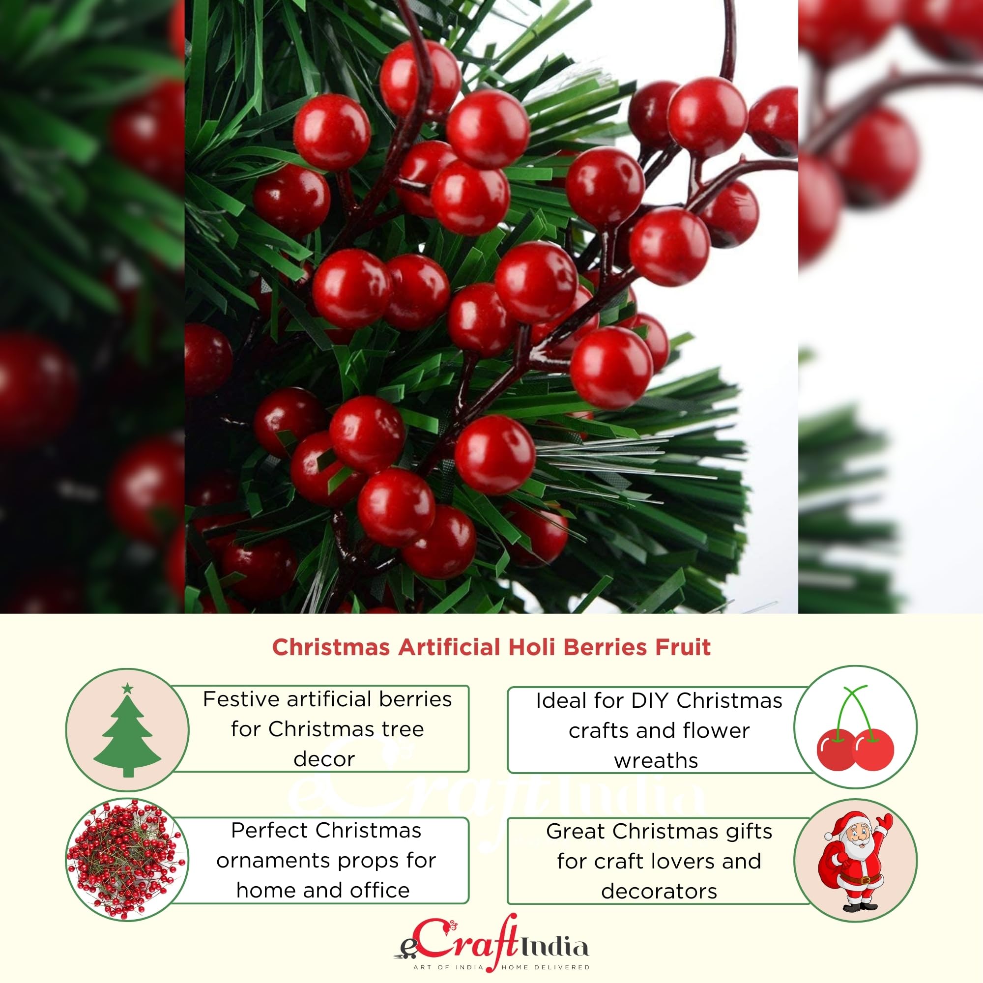 eCraftIndia Christmas Decor Artificial Holi Berries Cheery Fruit for Christmas Tree Decoration Flower Wreath DIY Xmas Craft (Pack of 50) Ornaments Props Xmas Decorations Items for Home Office 3