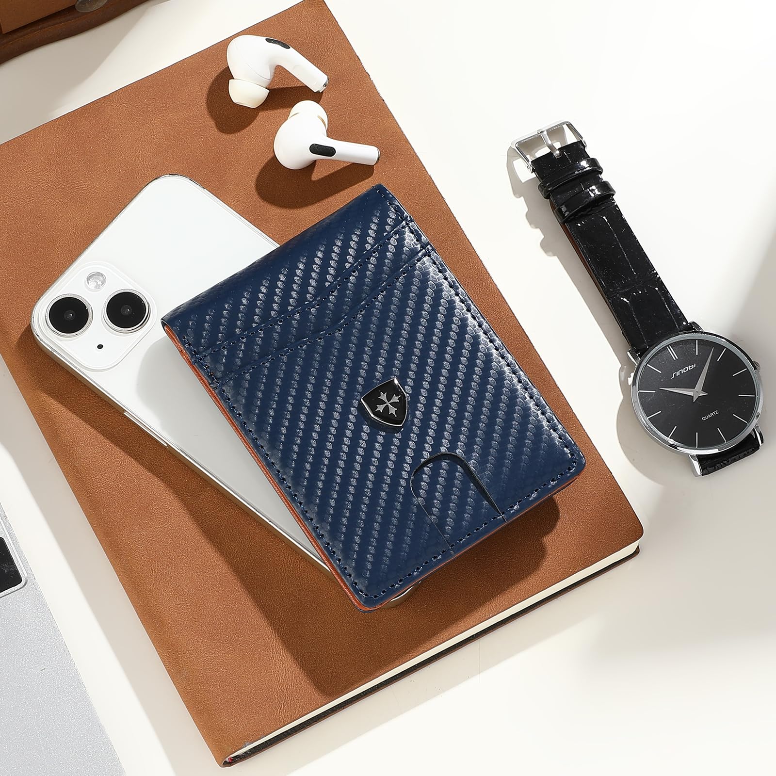 Billetera de cuero para hombre con tarjetero delgado y plegable con bloqueo RFID, bolsillos frontales, carteras minimalistas para hombres con ventana de identificación, Azul lago, Moderno 7