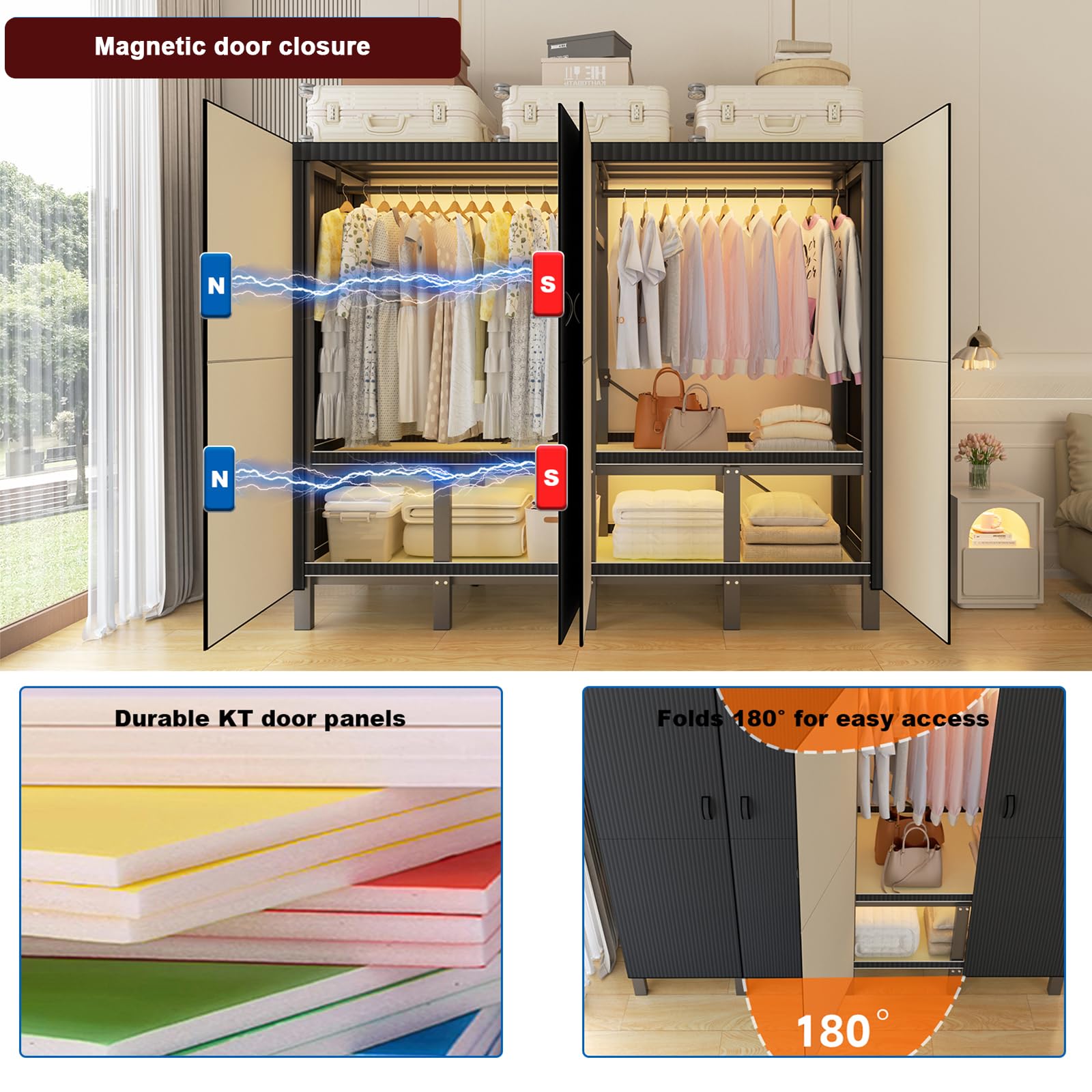 125cm Schwarz Faltbarer Kleiderschrank mit magnetischer Tür, 500 kg