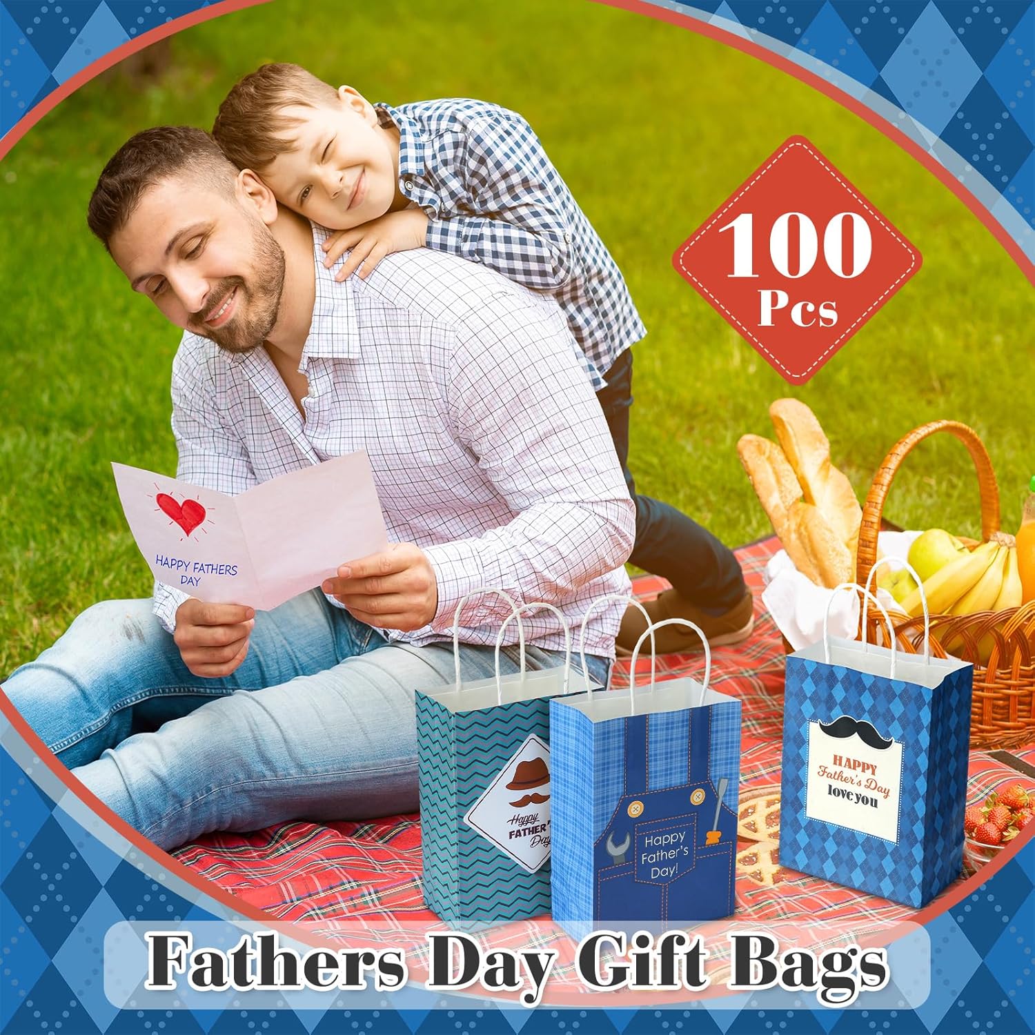 Saypacck 100 Pcs Fathers Day Gift Bags with Handle Bulk Blue Reusable Kraft Paper Tote Goodie Candy Package Shopping Present Wrap Bag for Happy Father Dad Grandpa Men Birthday Party Supplies (Bright)