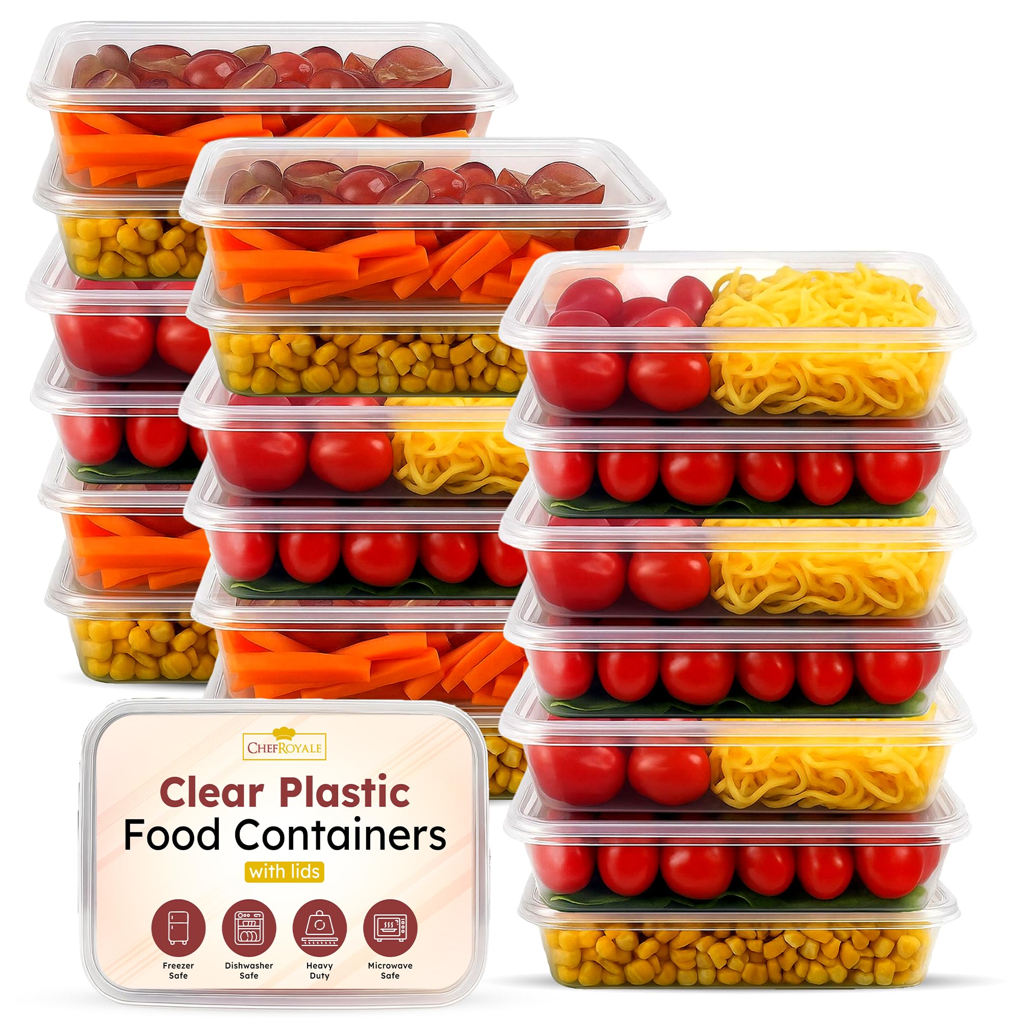 CHEF ROYALE Food Storage Container with Lids 20 x 650ml Plastic Food Prep Takeaway Container with Airtight Lids Microwave, Freezer & Dishwasher Safe Ideal for Takeaway Recyclable (20, 650ml)