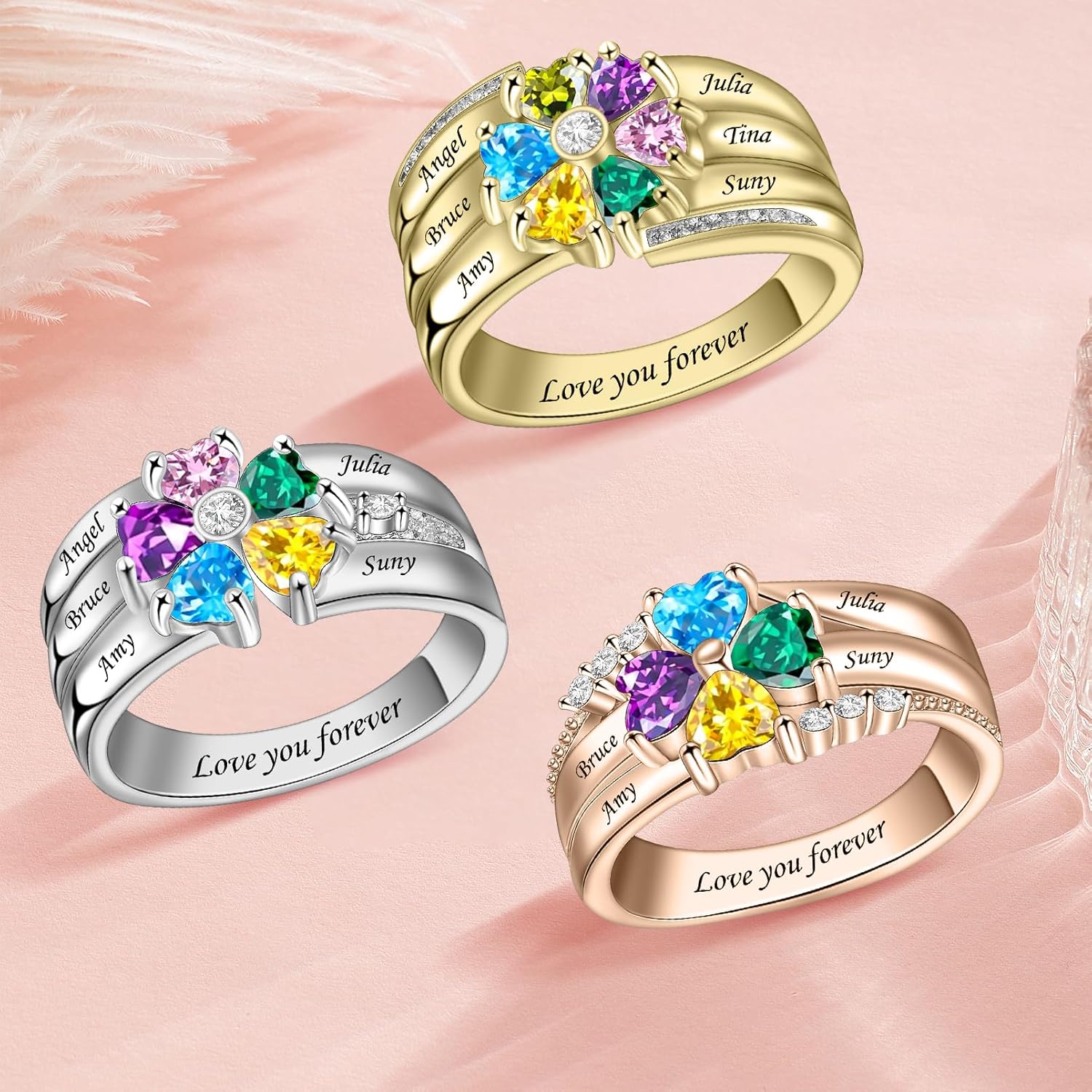 BABOOM Personalized Mothers Ring Customized 3-8 Birthstones Names Ring Family Birthstone Rings Gift Promise Rings for Mother Wife Grandma