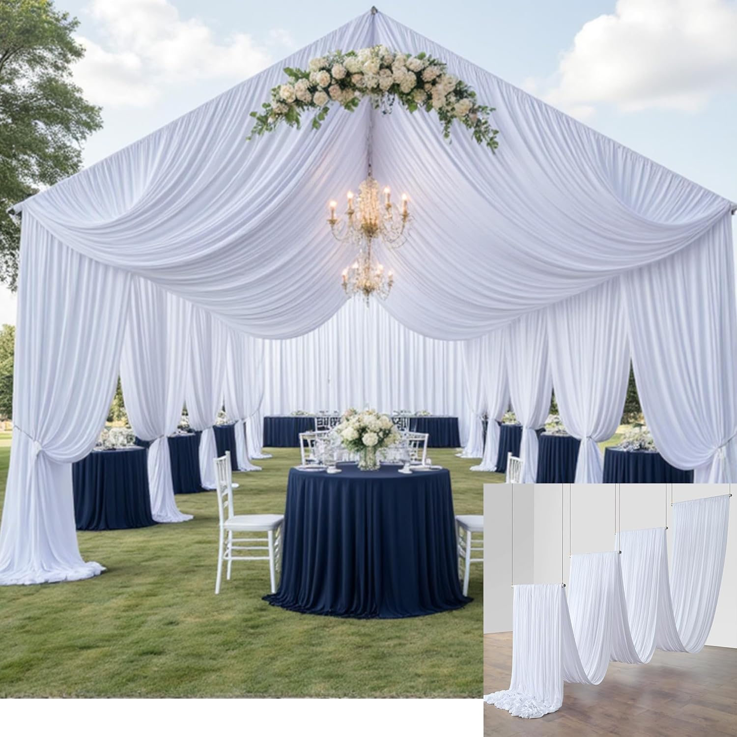8 Panels 5x20ft White Ceiling Drapes for Wedding Parties, Wrinkle Free Thick Polyester 20ft Extra Long Tent Draping Ceiling Curtains Arch Drapery for Birthday Party Canopy Tent Decor White 60"W x 240"L (Pack of 8)