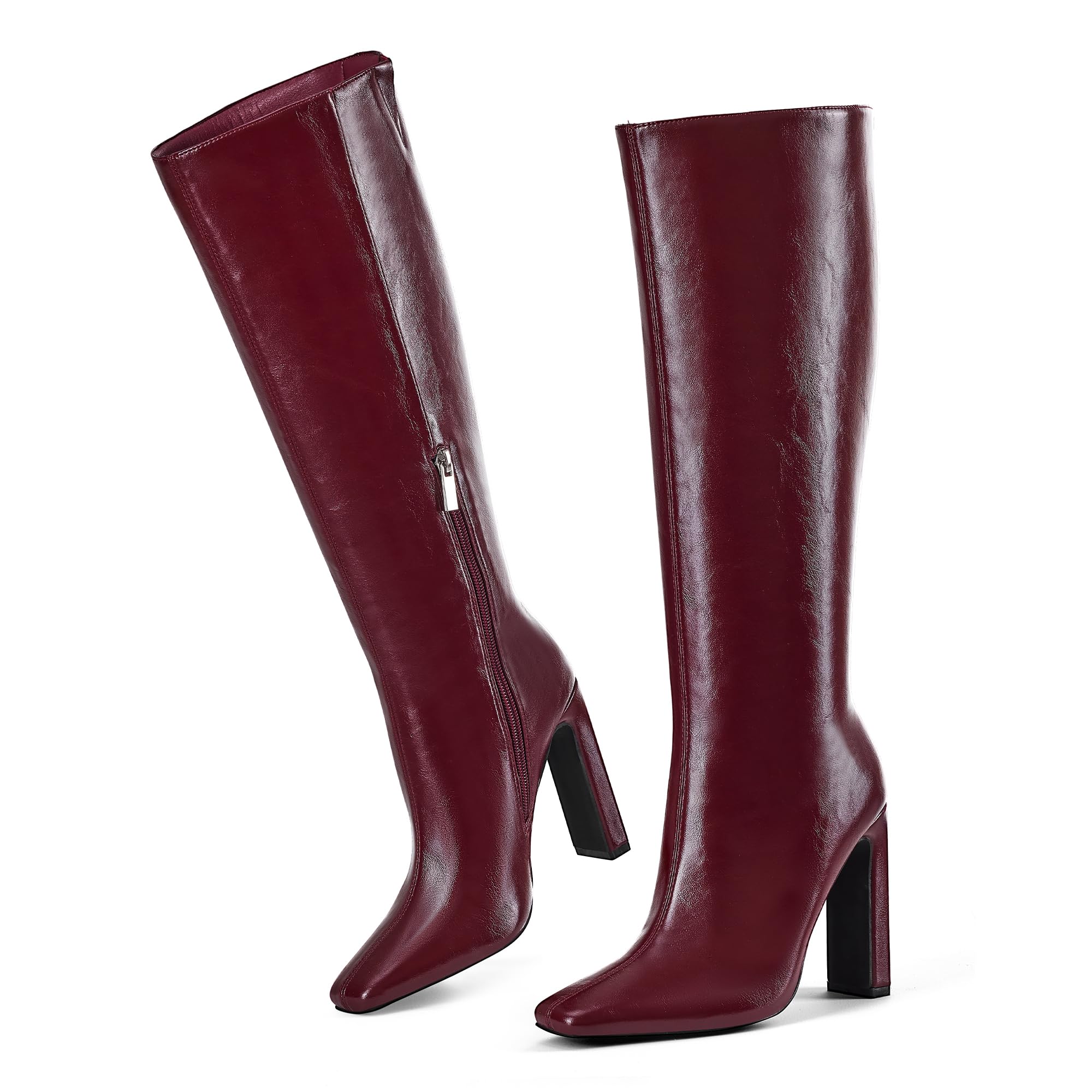 GENSHUO Womens Knee High Boots Square Toe Chunky Heel Dress Tall Boots with Side Zipper Comfortable Elastic Winter