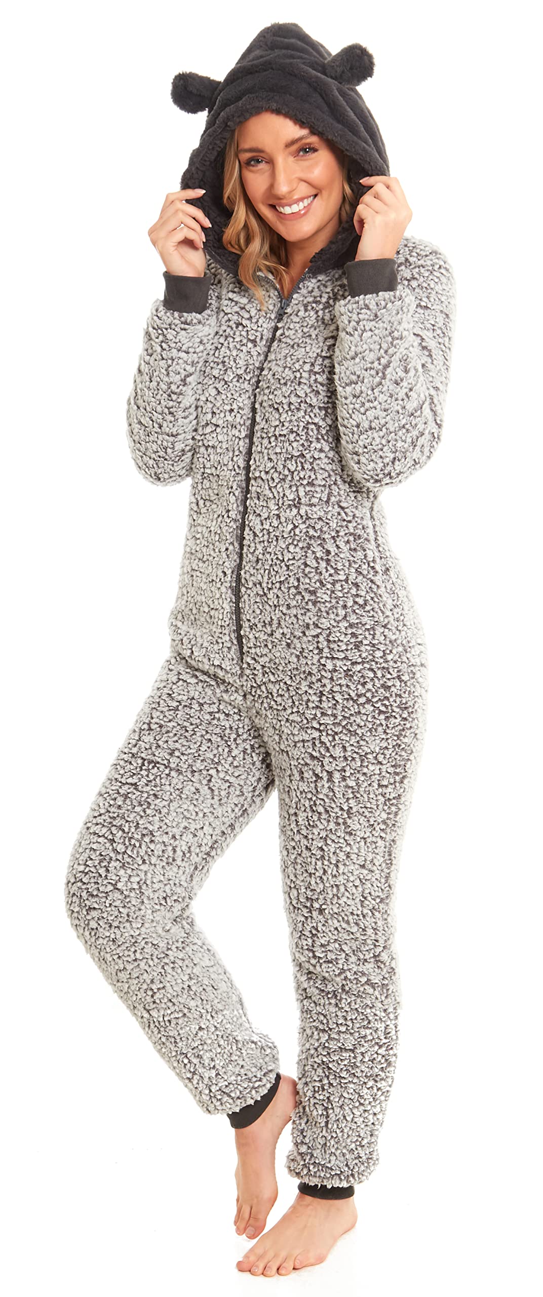 Slumber Hut® Womens Fleece Hooded Onesie All in One Pyjamas - Womens Luxury Snug Shaggy Warm Loungewear Frosted Grey - Size UK 8 up to 22