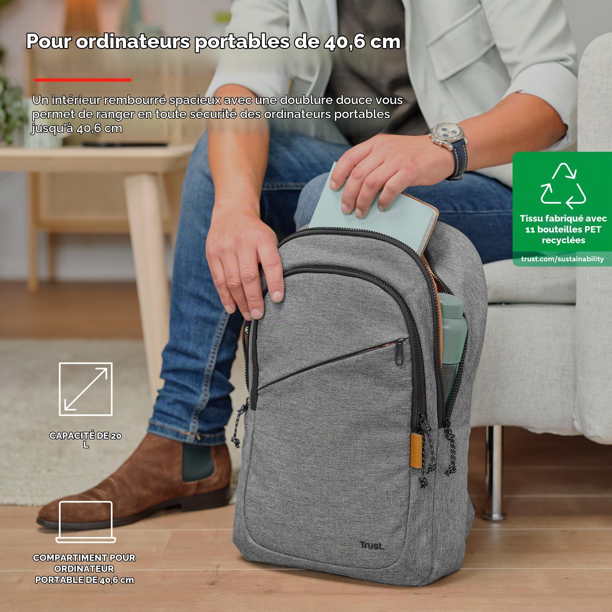 Trust Avana Sac à Dos pour Ordinateur Portable 16 Pouces, Sac a Dos Voyage 20 Litres à Partir de Plastique Recyclé, Backpack pour Femme Homme PC Loisir Collège Affaire Travail - Gris