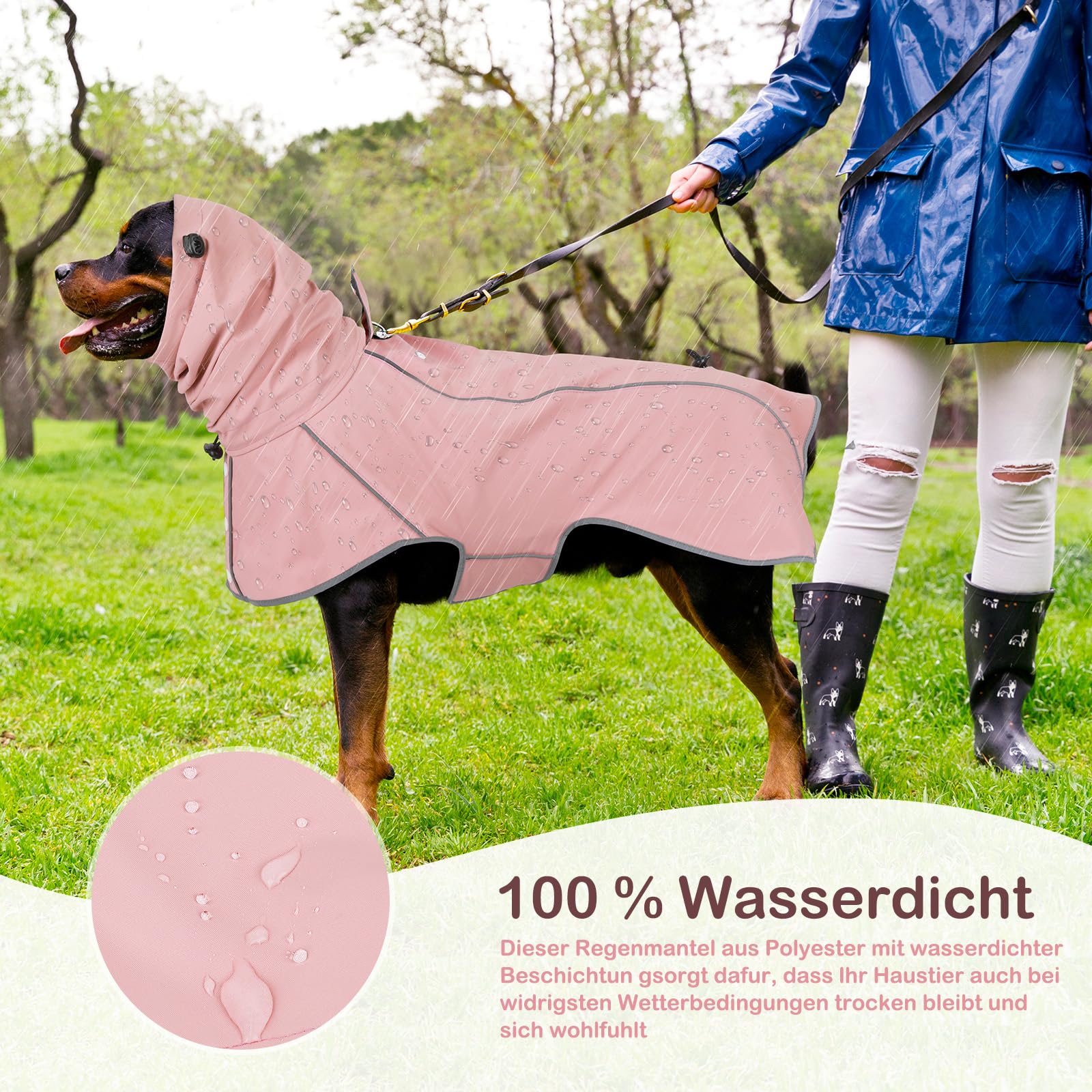 Hunderegenmantel - Wasserdichter Regenjacke für Hunde, Einstellbare Regenmantel für Mittlere, Große und Extra Große Hunde, Polyester, Rosa, M