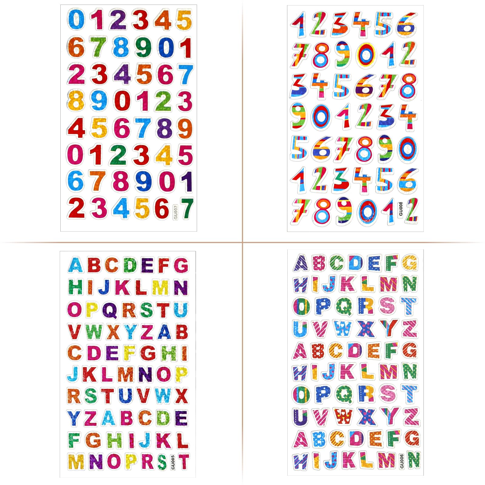 16 zelfklevende vellen alfabetstickers, alfabet letters, zelfklevend, letterstickers, kleurrijke stickers met letters en cijfers, 8 kleuren, voor scrapbooking, decoratie van wenskaarten