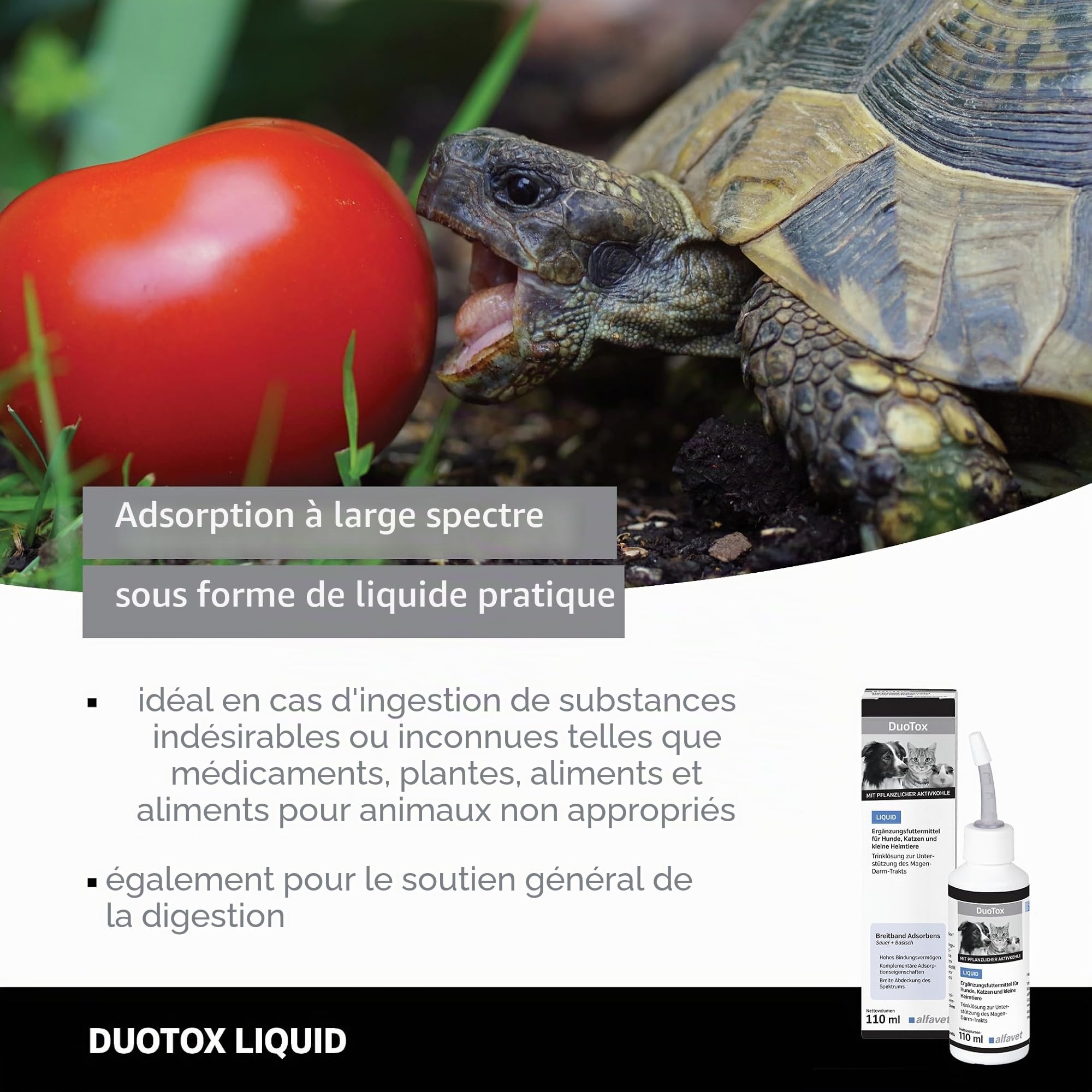 alfavet DuoTox Liquid Complément alimentaire aigu au charbon végétal et à la bentonite, pour soutenir le tractus gastro-intestinal chez les chiens, chats, petits animaux de compagnie, avec embout