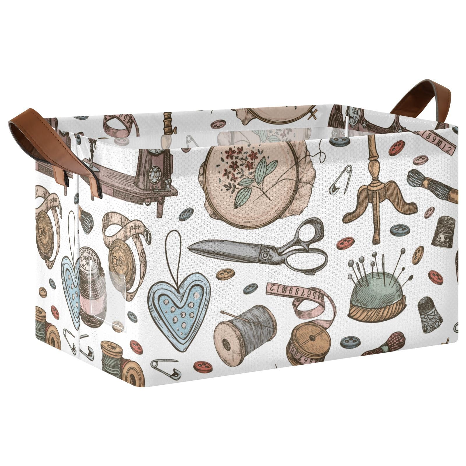 YNNALE Hand Draw Retro Sewing Supplies Storage Basket Foldable Cube Storage Bins with Handles&Label Collapsible Organizer Box Bin Rectangle Decorative Baskets for Shelves Home Living Room Closet