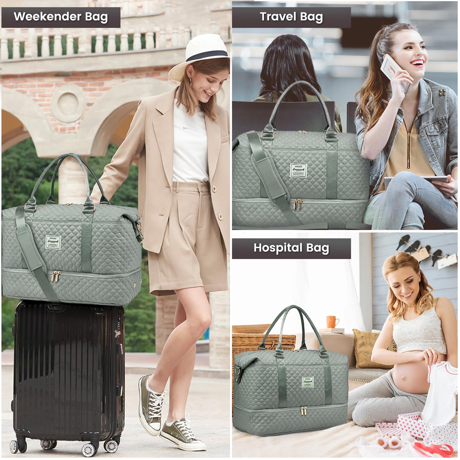 LOVEVOOK Reisetasche Sporttasche Damen Groß Weekender Travel Duffle Bag mit Kulturbeutel Handgepäck Tasche mit Schuhfach Kliniktasche Geburt Mama Set Wasserdicht für Flugzeug Reise Gym Camping