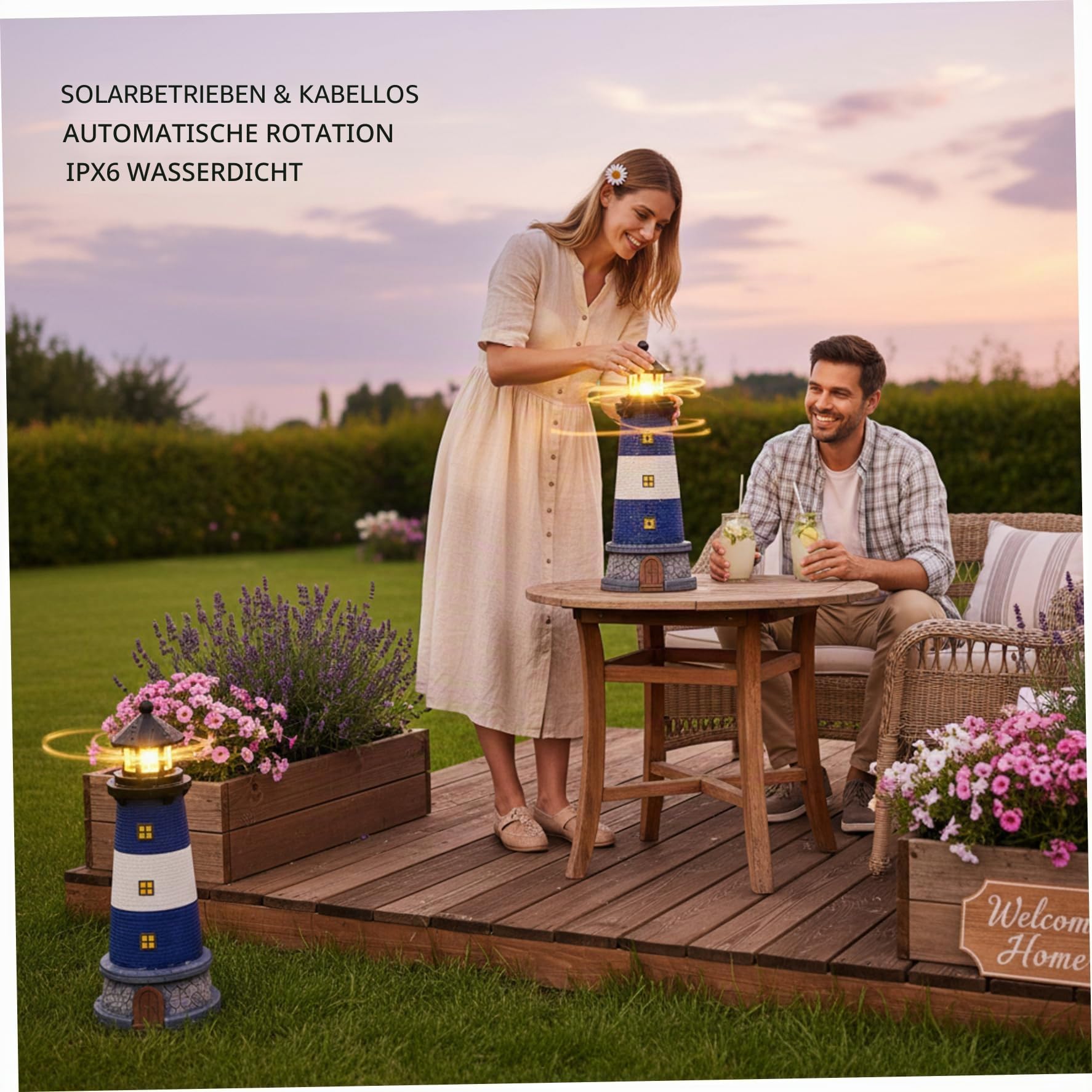 Leuchtturm Solarleuchte Solar Leuchtturm, Automatisch Drehbar Wasserdicht Außen für Hof, Terrasse, Boden, Tischdekoration, Blau