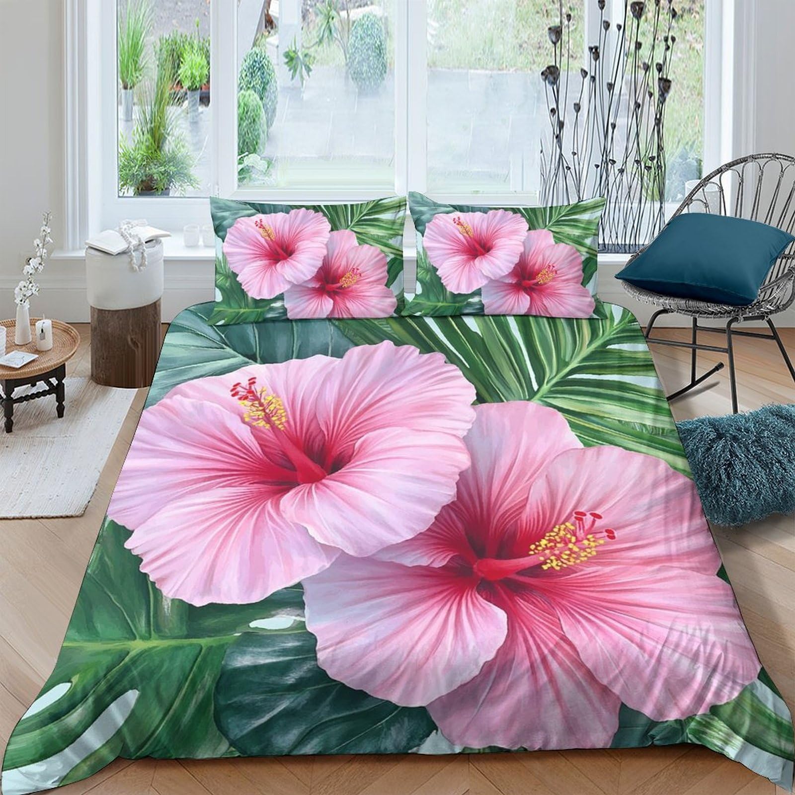 Ctjqhvkz Style-8 3D Printed Pink Hibiscus Fitted Sheet Microfiber Soft Breathable Tropical Leaves Mattress Cover For Bedroom Guestroom Decor Single（135X200cm）