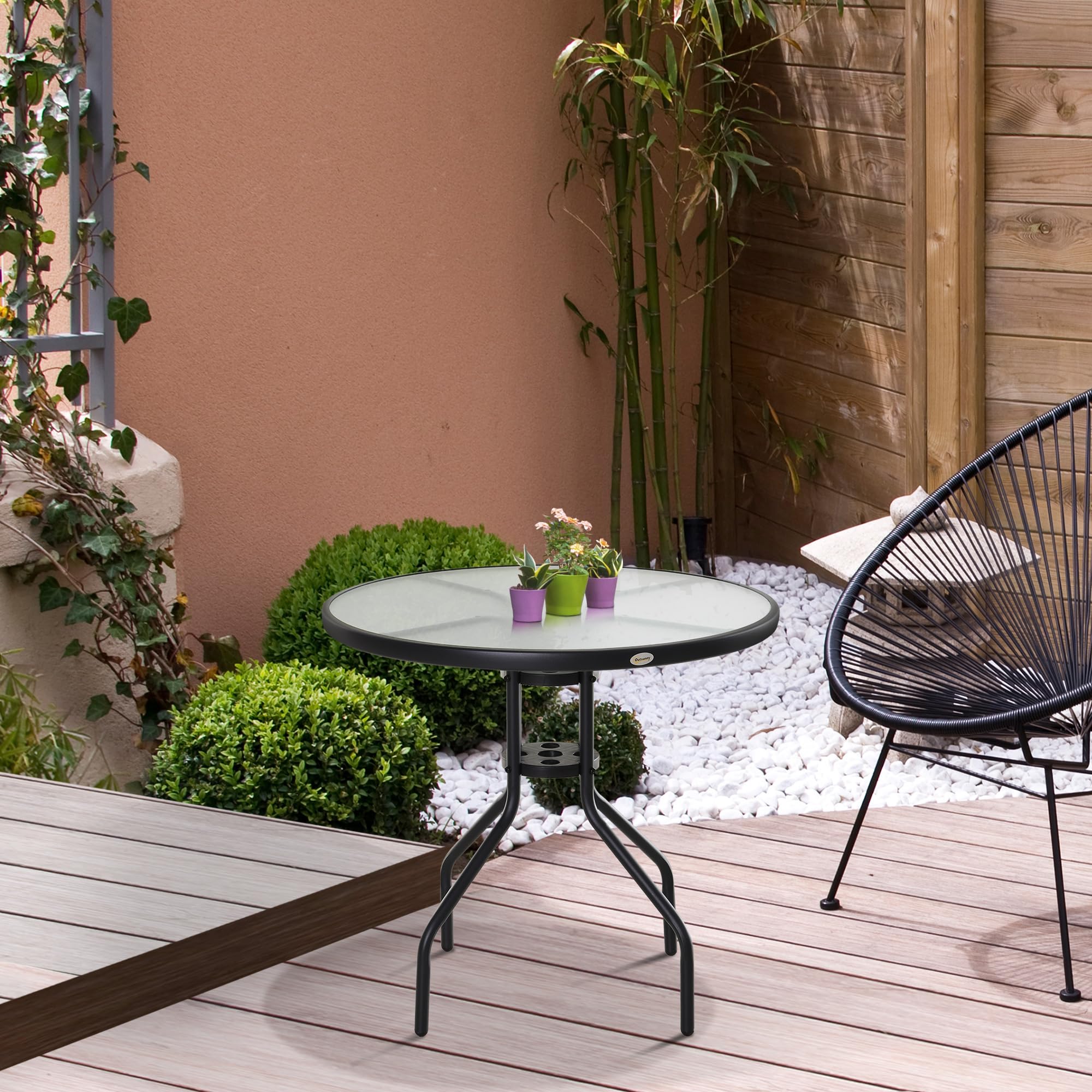 Outsunny Gartentisch Runder Beistelltisch Schirmloch Ø80 x 72 cm Schwarz