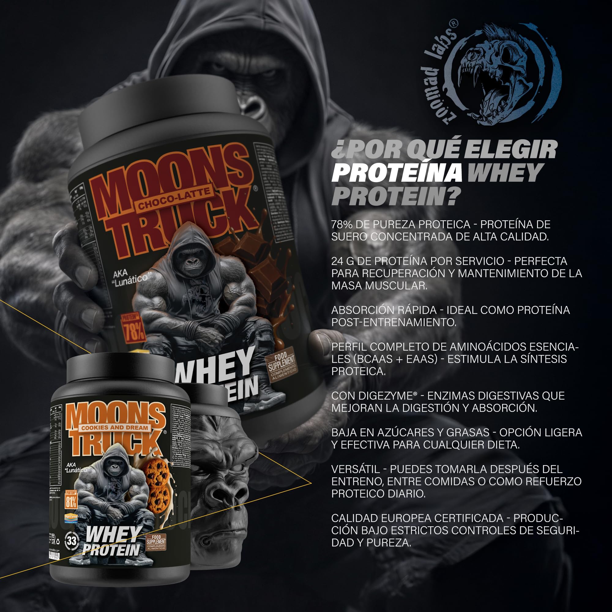Zoomad Labs MOONSTRUCK Whey Protein con DigeZyme® – Proteína de Suero en Polvo 78% Pureza, 23 g por Servicio, Whey para Masa Muscular y Recuperación – Bote 3D Coleccionable - Cookies and dream, 1kg
