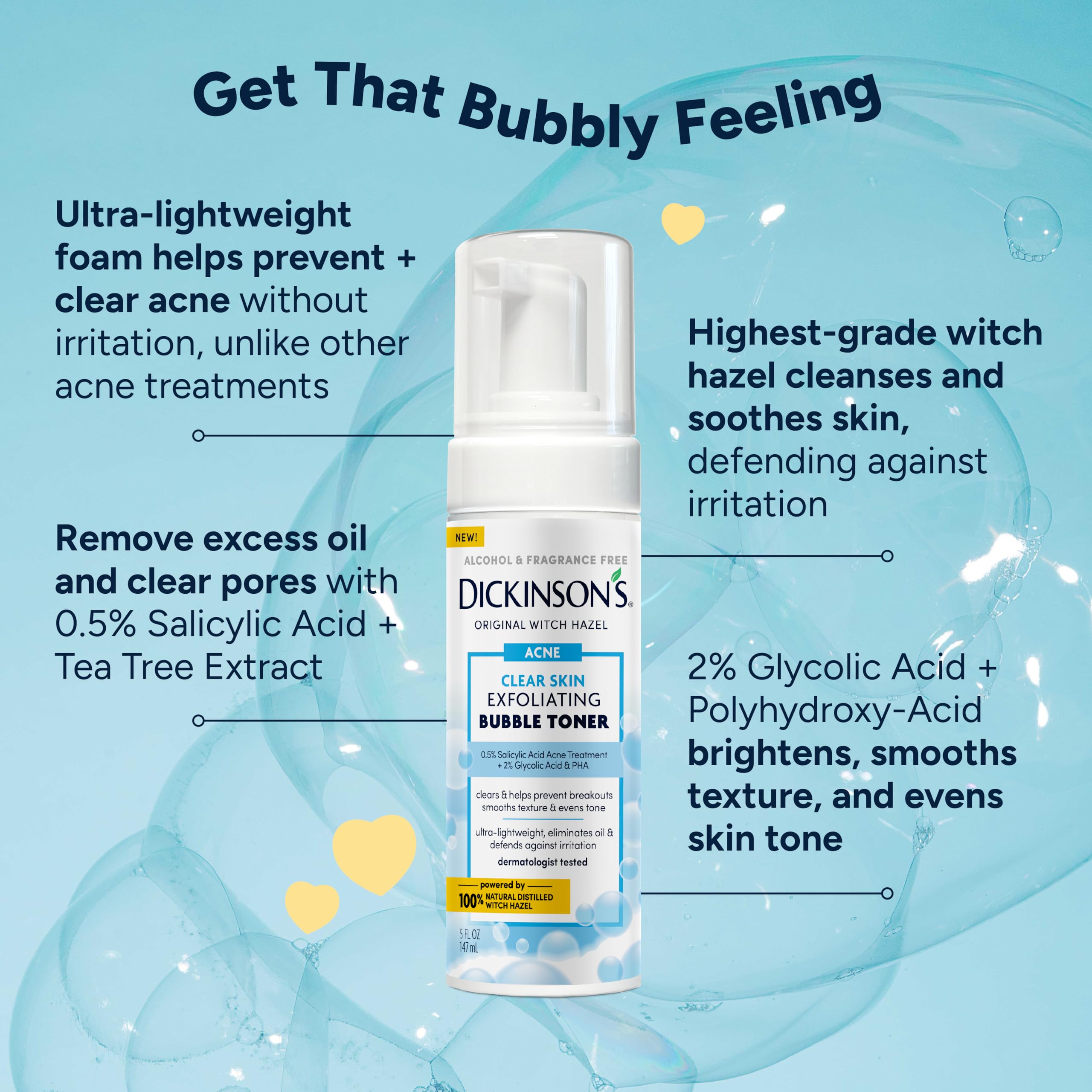 Tónico exfoliante de burbujas de hamamelis con 0.5% de ácido salicílico, ácido glicólico y niacinamida | Limpia los poros, suaviza la textura, ilumina la piel | Sin alcohol, sin fragancia 2
