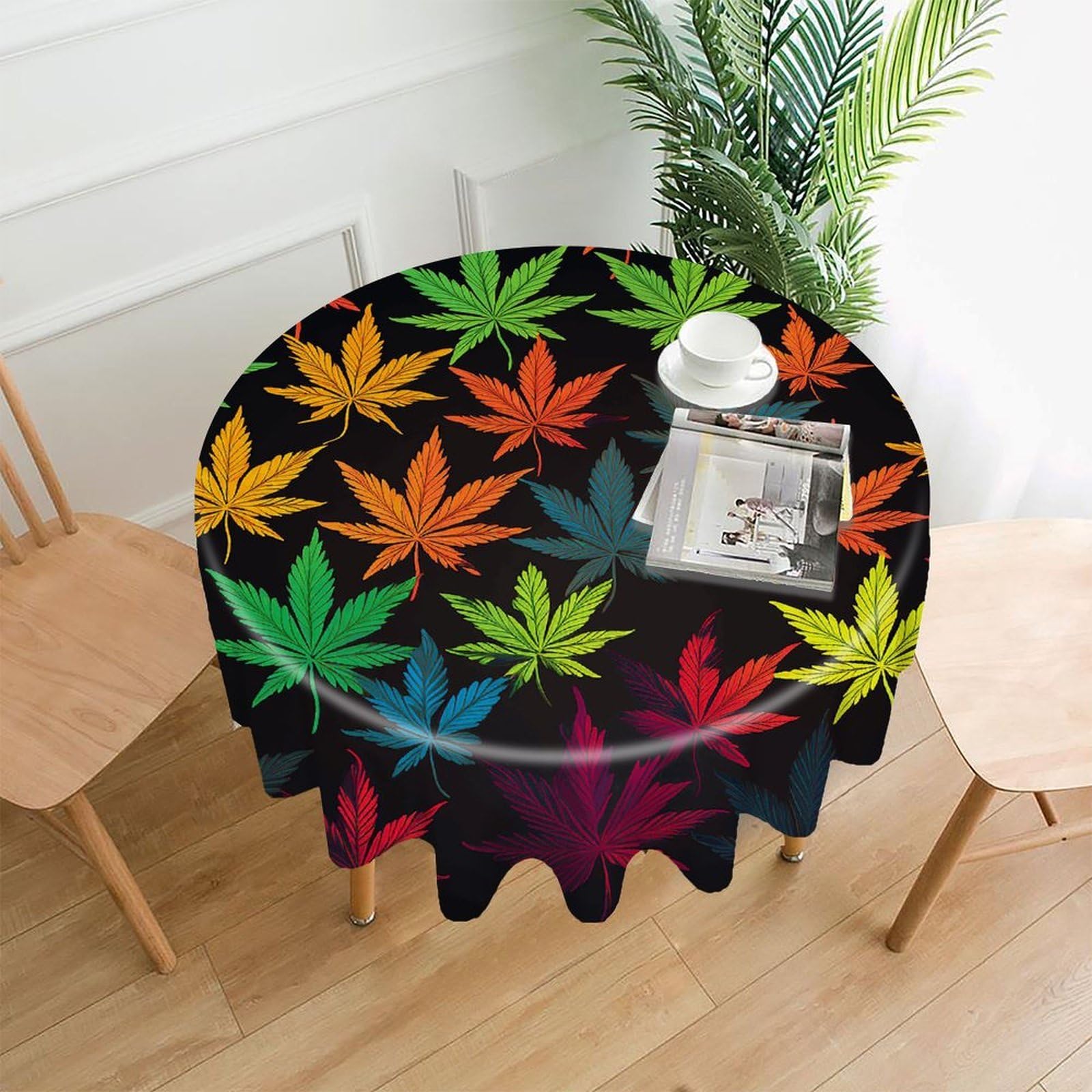 VstaDank Colorful Cannabis Leaves Tablecloth Easy to Clean Polyester Round Table Cover Washable Round Table Cloth Wrinkle-Free Circle Decoration Tablecloth for Kitchen Dining Room 60"