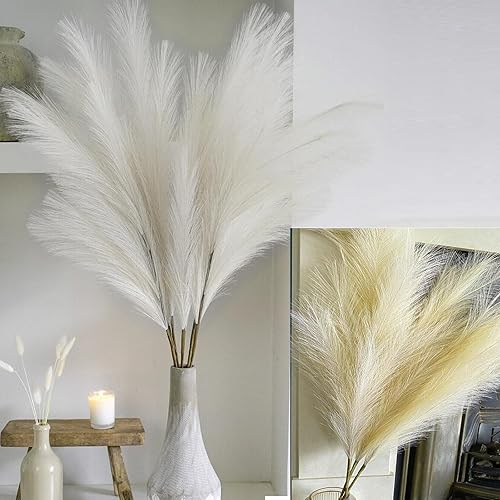 Decoración de hierba de pampa sintética de 38 pulgadas, color blanco y beige, césped artificial de pampas, pequeño arreglo floral de pompas