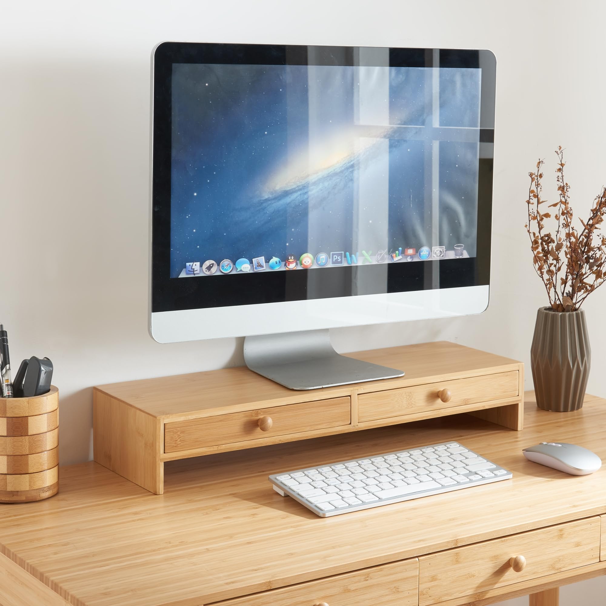 [en.casa] Podstawka pod monitor Hallstahammar z podwyższeniem ekranu z 2 szufladami 56 x 18 x 9,5 cm Bambusowy podnośnik ekranu Monitor Biurko Nadstawka