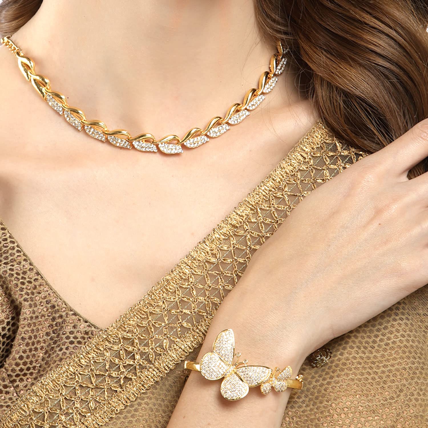 American Diamond Leaf Necklace Set With Bracelet (Golden)