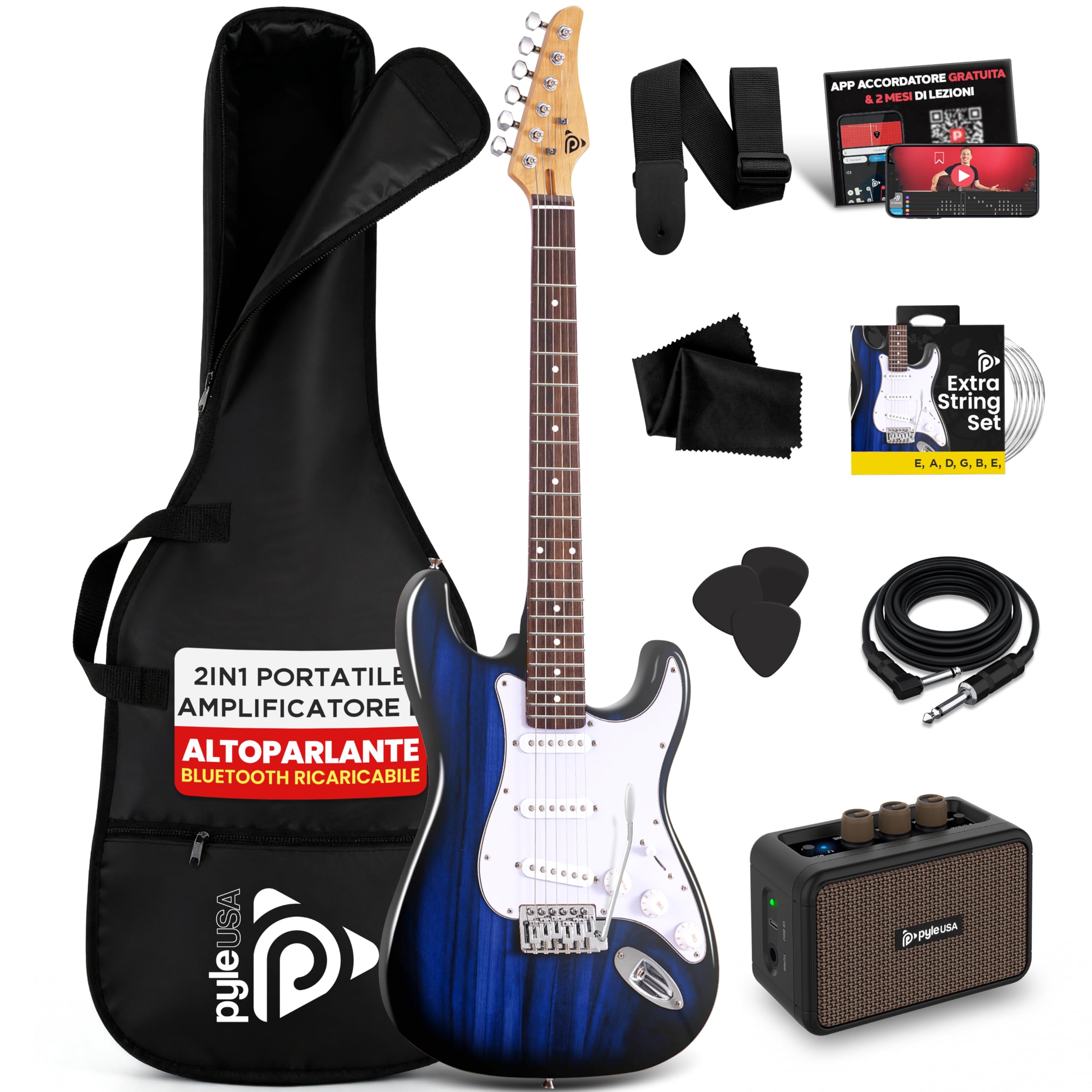 Pyle Chitarra Elettrica 99 cm con Amplificatore Bluetooth, Chitarra Kit Completo, Guitar con Cavo Jack 6,35 mm, Custodia, Cinghia, Corde, Plettri, Pickup ST, Blu Sfumato
