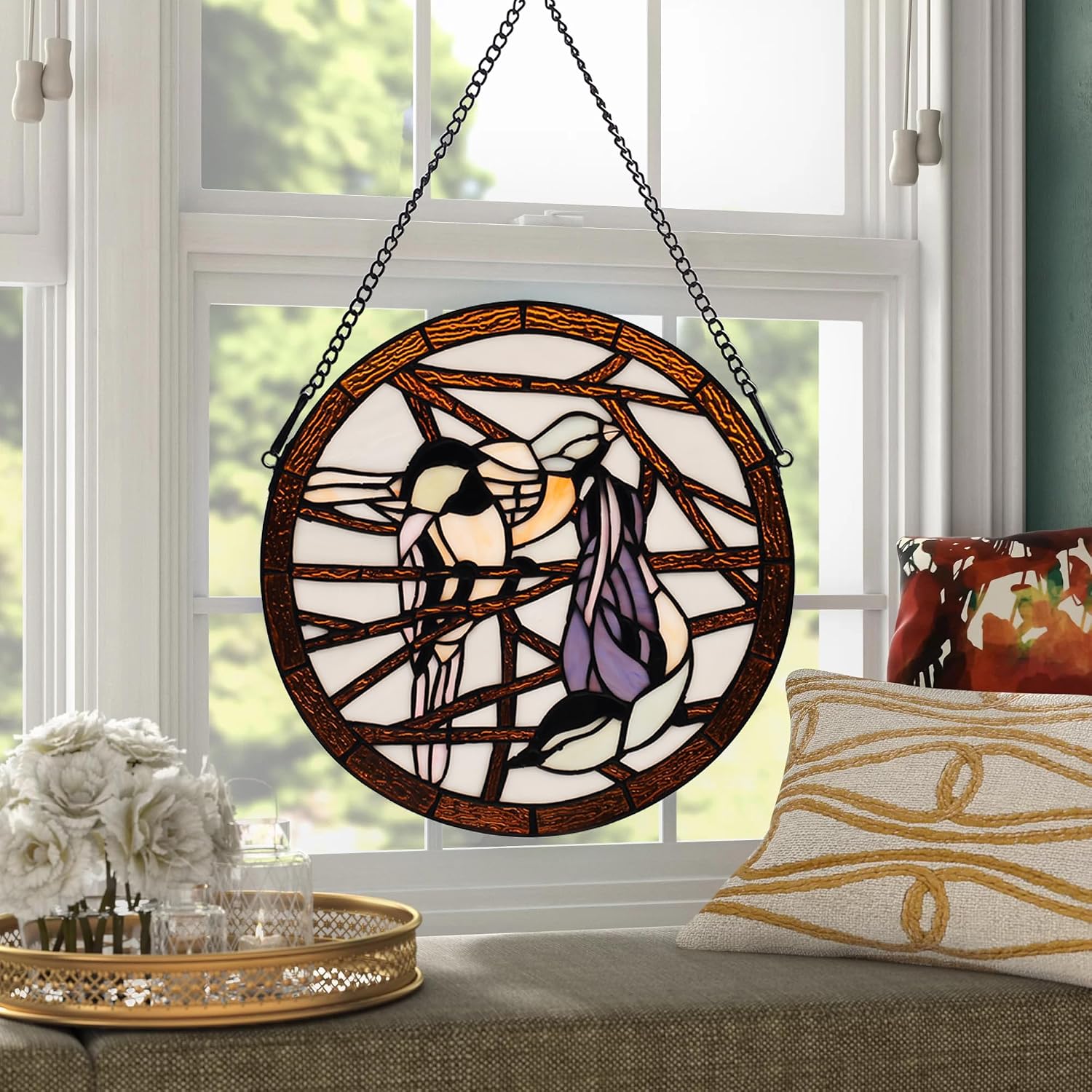 Handcrafted Stained Glass Window Panel - 12-Inch Round Floral Design with Vibrant Colors, Elegant Decorative Hanging Art for Home Décor, Includes 20-Inch Chain & Hook (Pink)